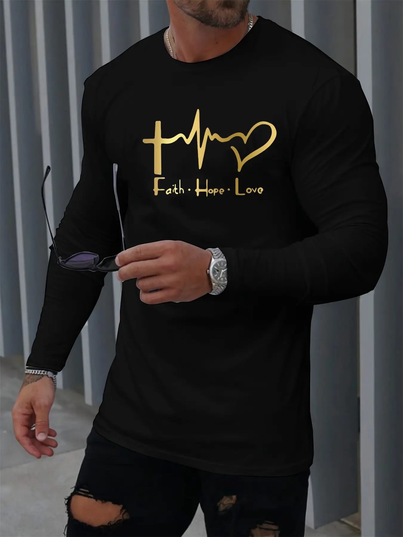 Men's Spring and Autumn 100% Cotton Comfortable Leisure Love Faith Pattern Printed Round Neck Long Sleeve T-shirt Top