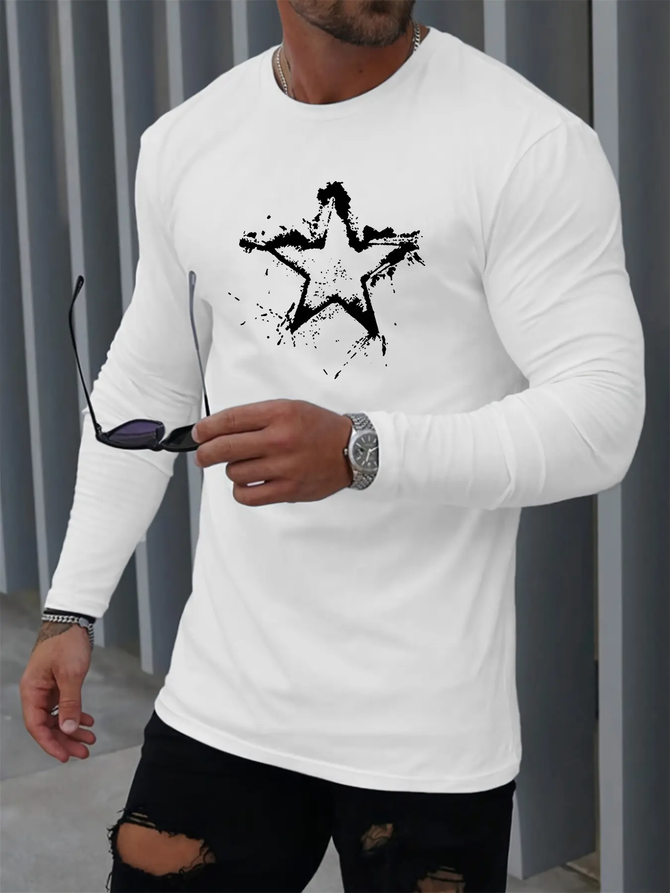 Men's Spring and Autumn 100% Cotton Comfortable Sports and Leisure Star Pattern Printed Round Neck Long Sleeve T-shirt Top