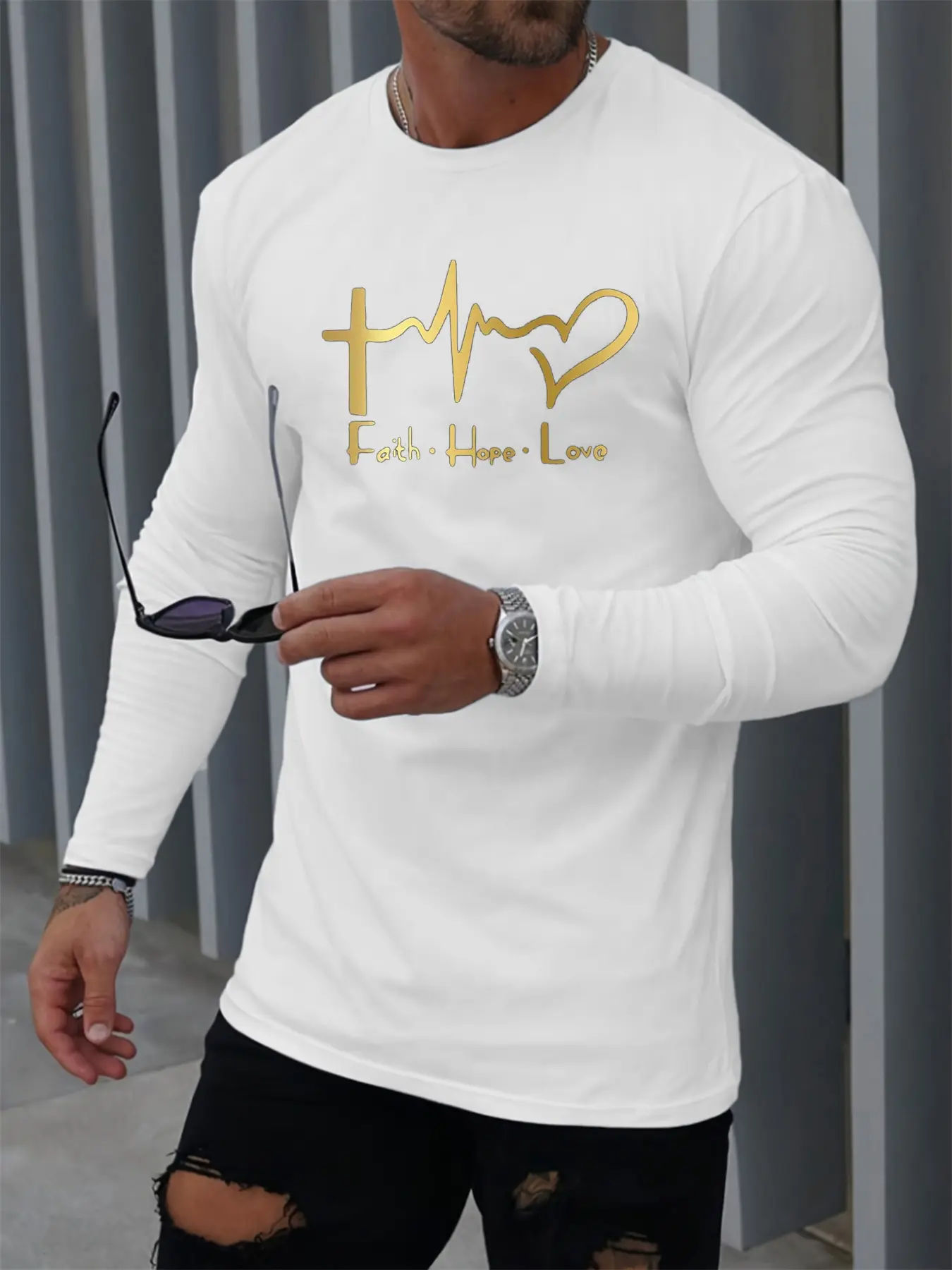 Men's Spring and Autumn 100% Cotton Comfortable Leisure Love Faith Pattern Printed Round Neck Long Sleeve T-shirt Top