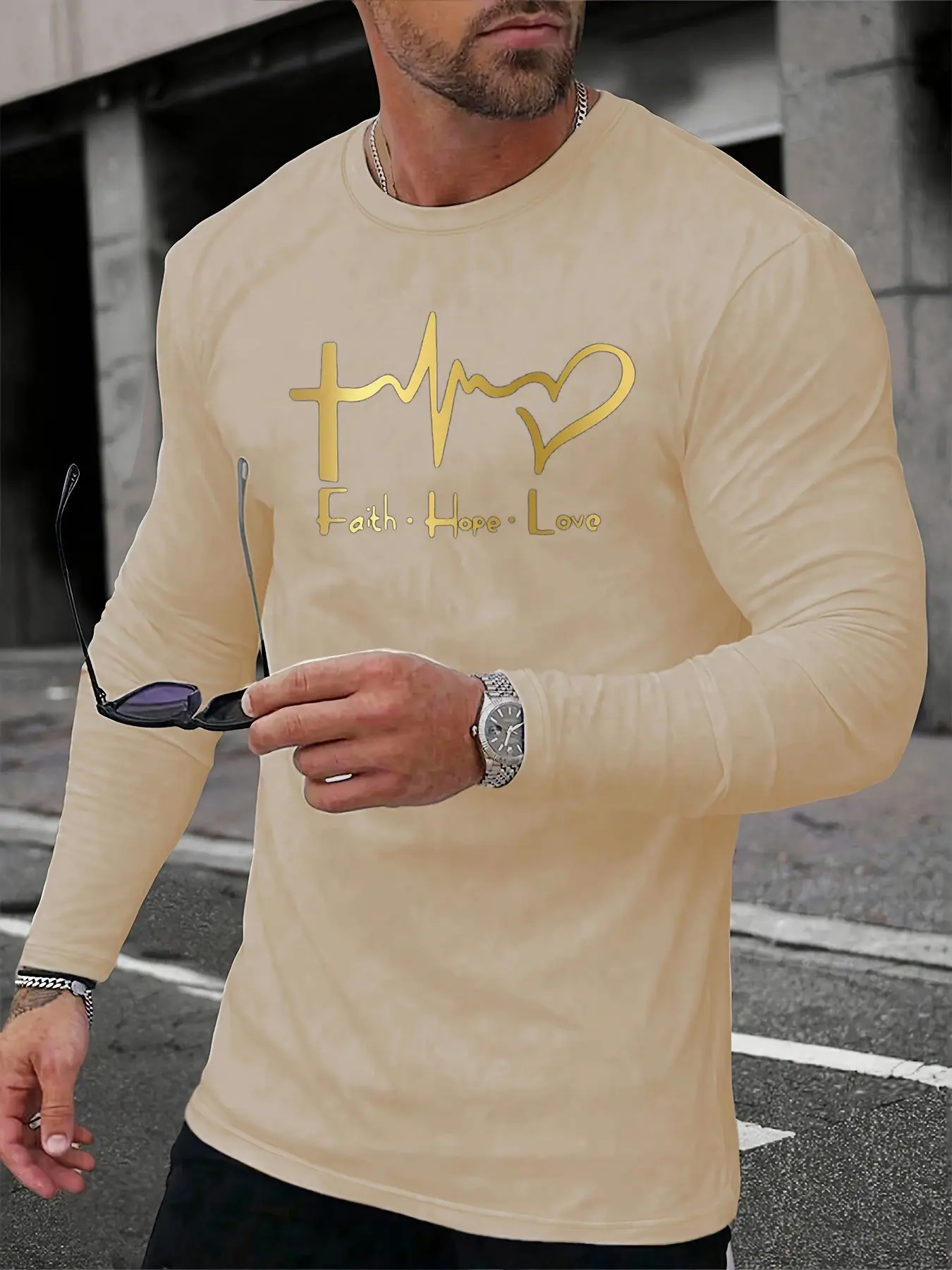 Men's Spring and Autumn 100% Cotton Comfortable Leisure Love Faith Pattern Printed Round Neck Long Sleeve T-shirt Top