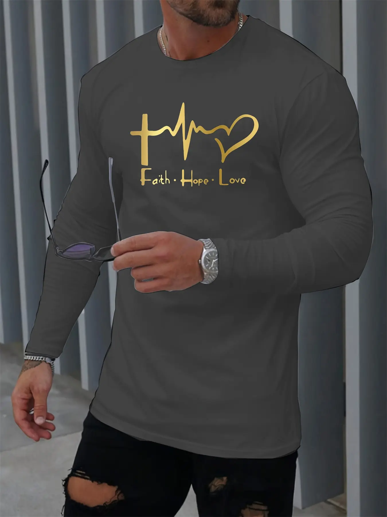 Men's Spring and Autumn 100% Cotton Comfortable Leisure Love Faith Pattern Printed Round Neck Long Sleeve T-shirt Top