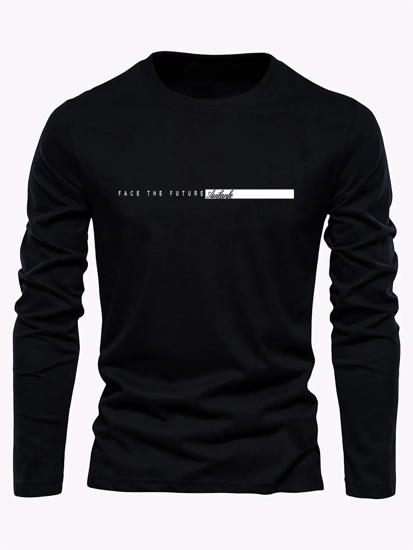 Men's Spring and Autumn 100% Cotton Comfortable Casual FACE THE FUTURE Letter Pattern Printed Round Neck Long Sleeve T-shirt Top