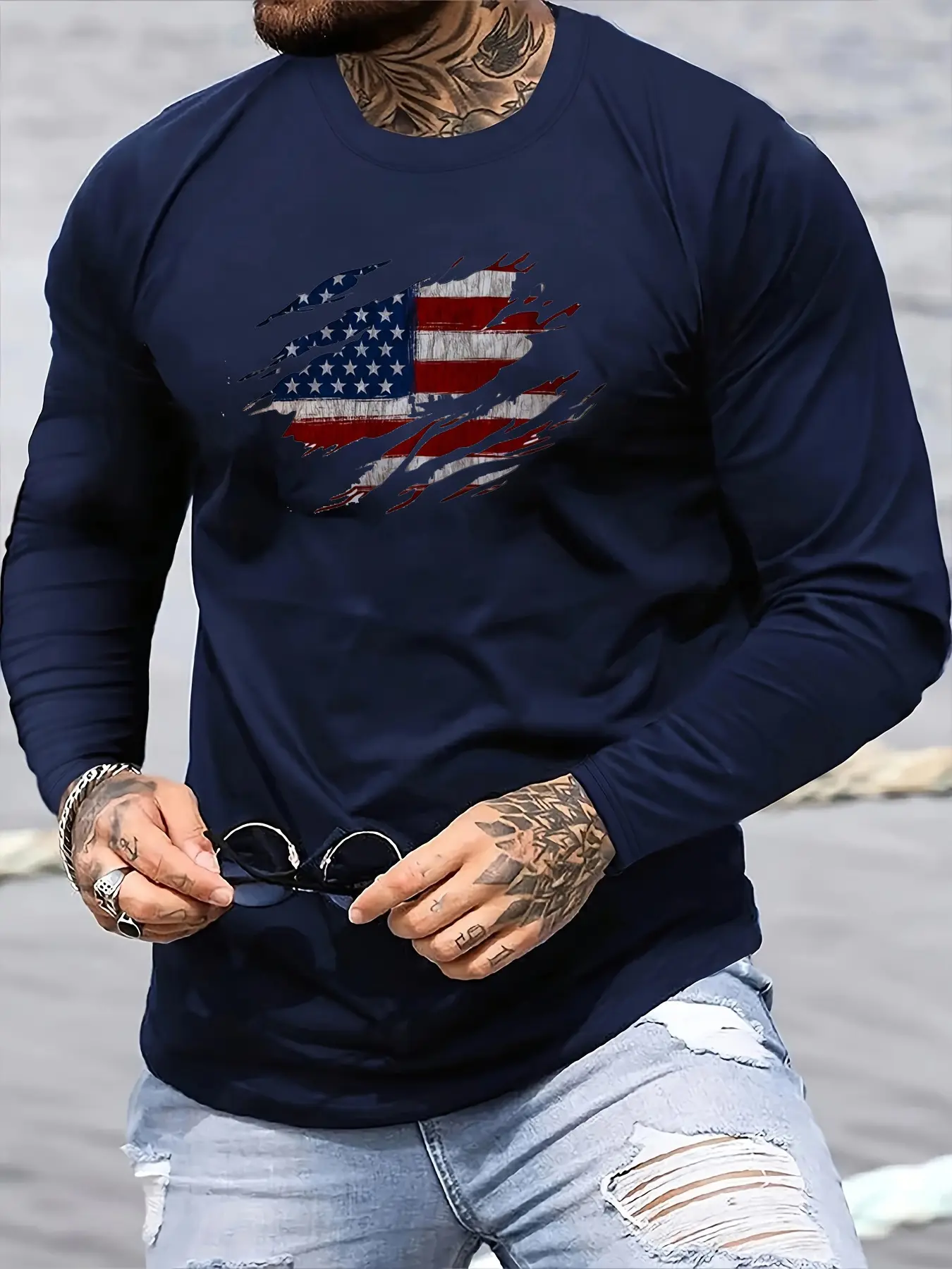 Men's Spring and Autumn 100% Cotton Comfortable Casual American Flag Pattern Printed Round Neck Long Sleeve T-shirt Top