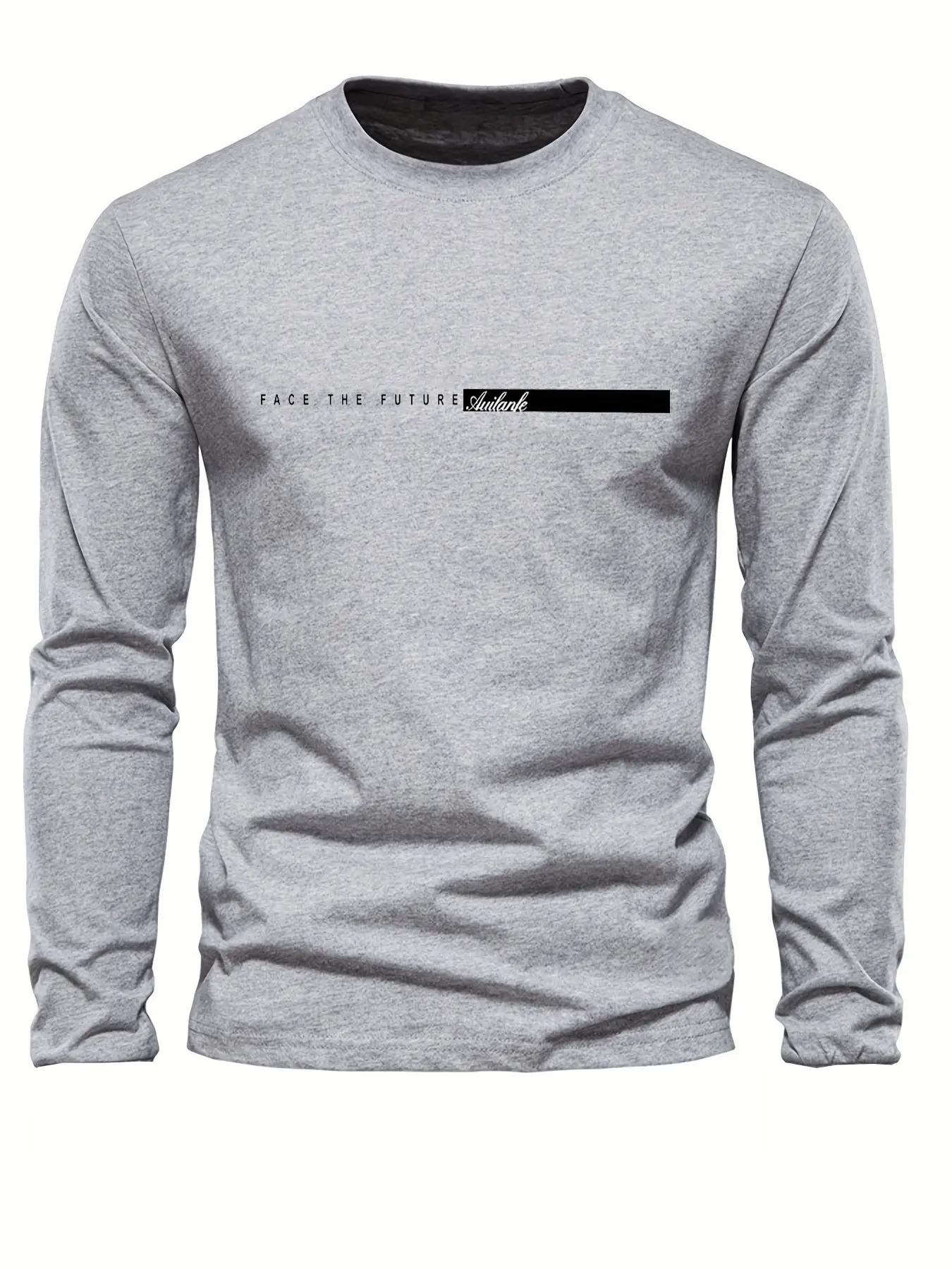 Men's Spring and Autumn 100% Cotton Comfortable Casual FACE THE FUTURE Letter Pattern Printed Round Neck Long Sleeve T-shirt Top