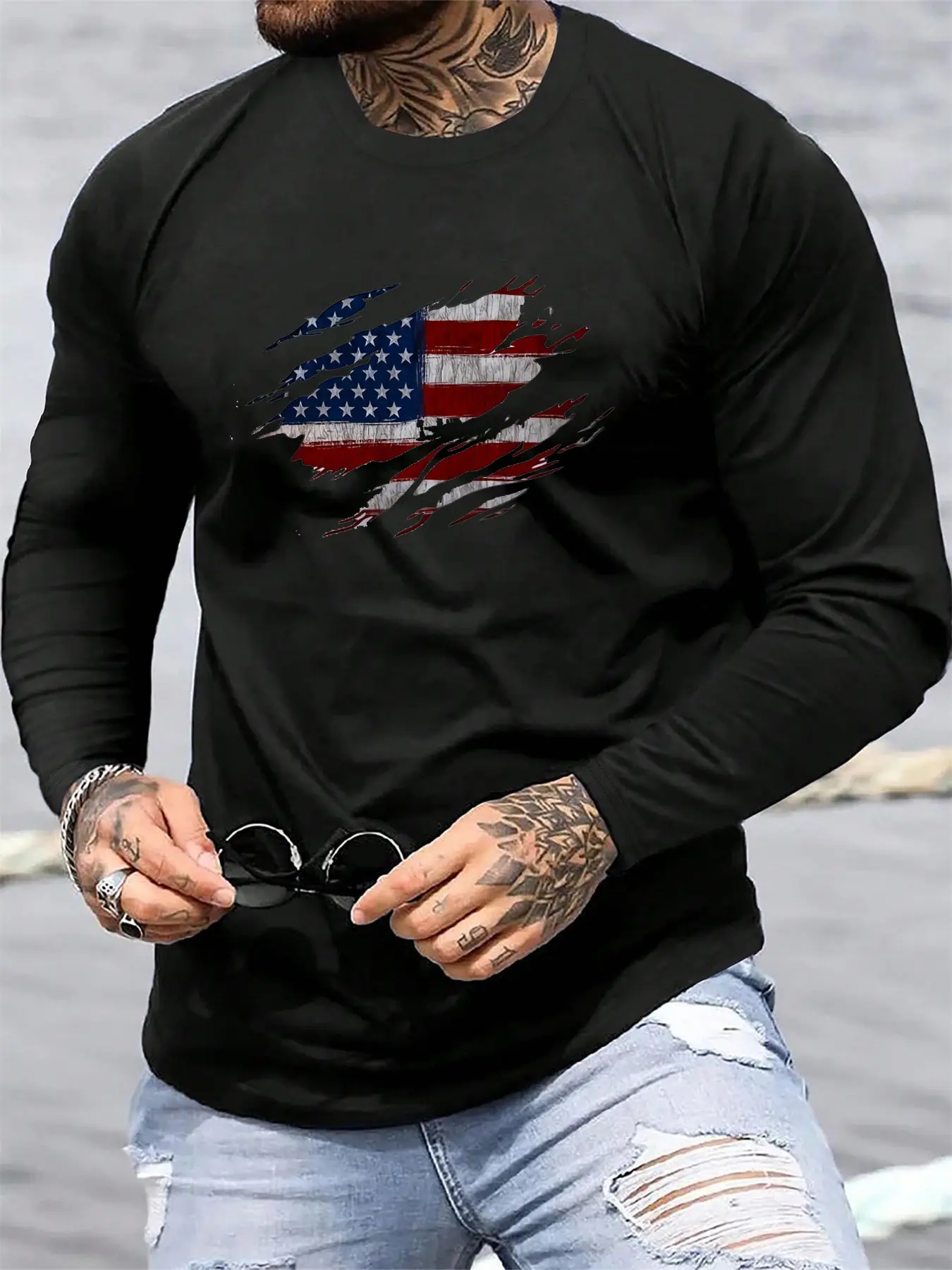 Men's Spring and Autumn 100% Cotton Comfortable Casual American Flag Pattern Printed Round Neck Long Sleeve T-shirt Top