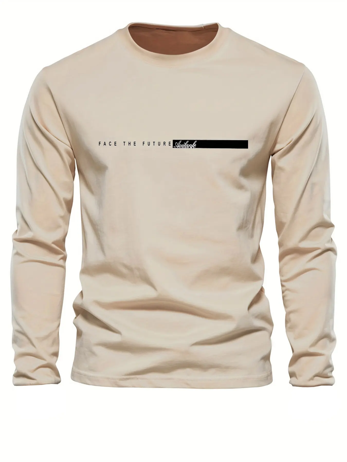 Men's Spring and Autumn 100% Cotton Comfortable Casual FACE THE FUTURE Letter Pattern Printed Round Neck Long Sleeve T-shirt Top