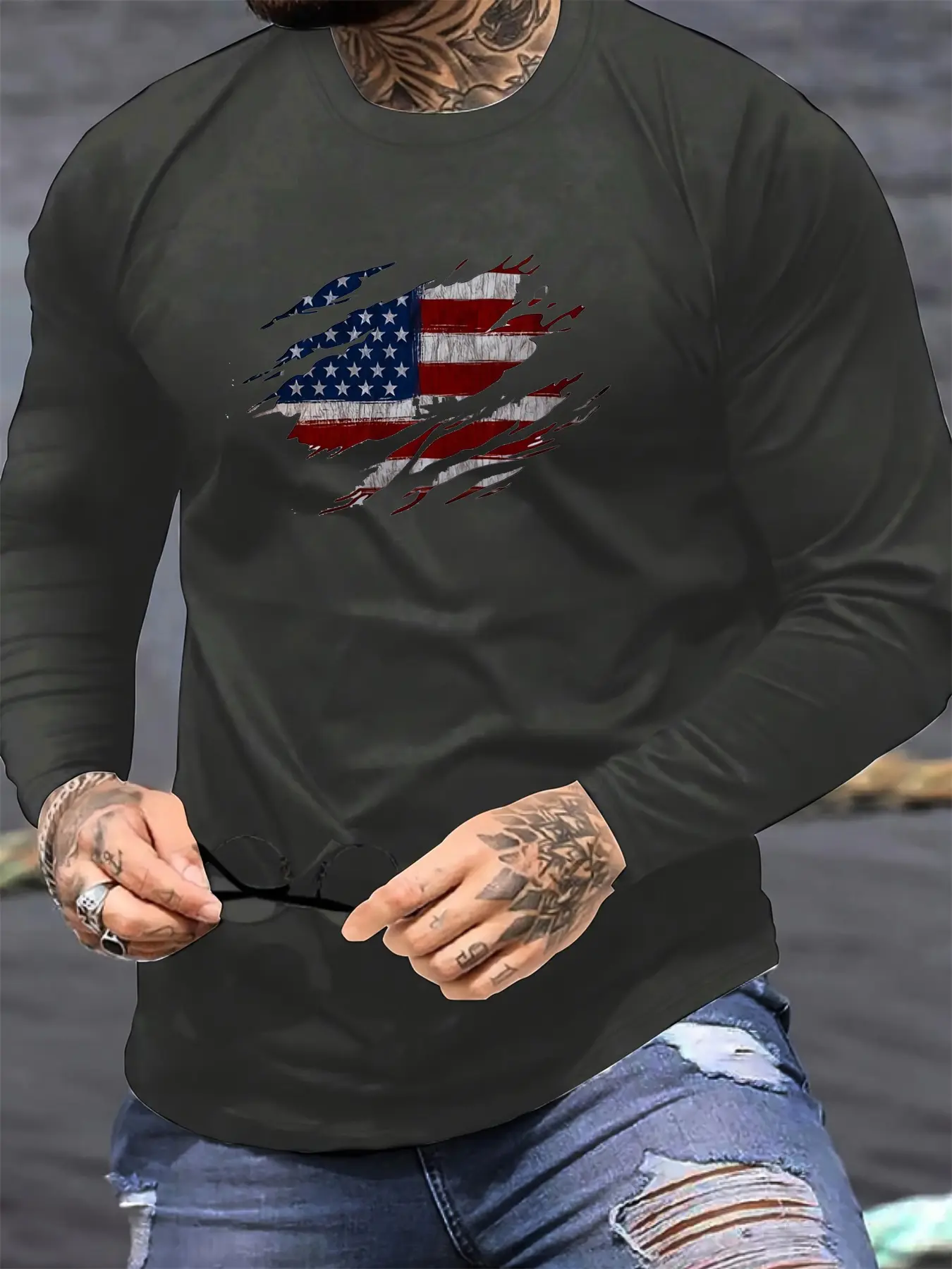 Men's Spring and Autumn 100% Cotton Comfortable Casual American Flag Pattern Printed Round Neck Long Sleeve T-shirt Top