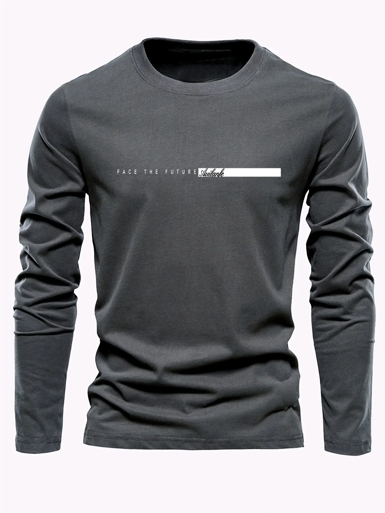 Men's Spring and Autumn 100% Cotton Comfortable Casual FACE THE FUTURE Letter Pattern Printed Round Neck Long Sleeve T-shirt Top