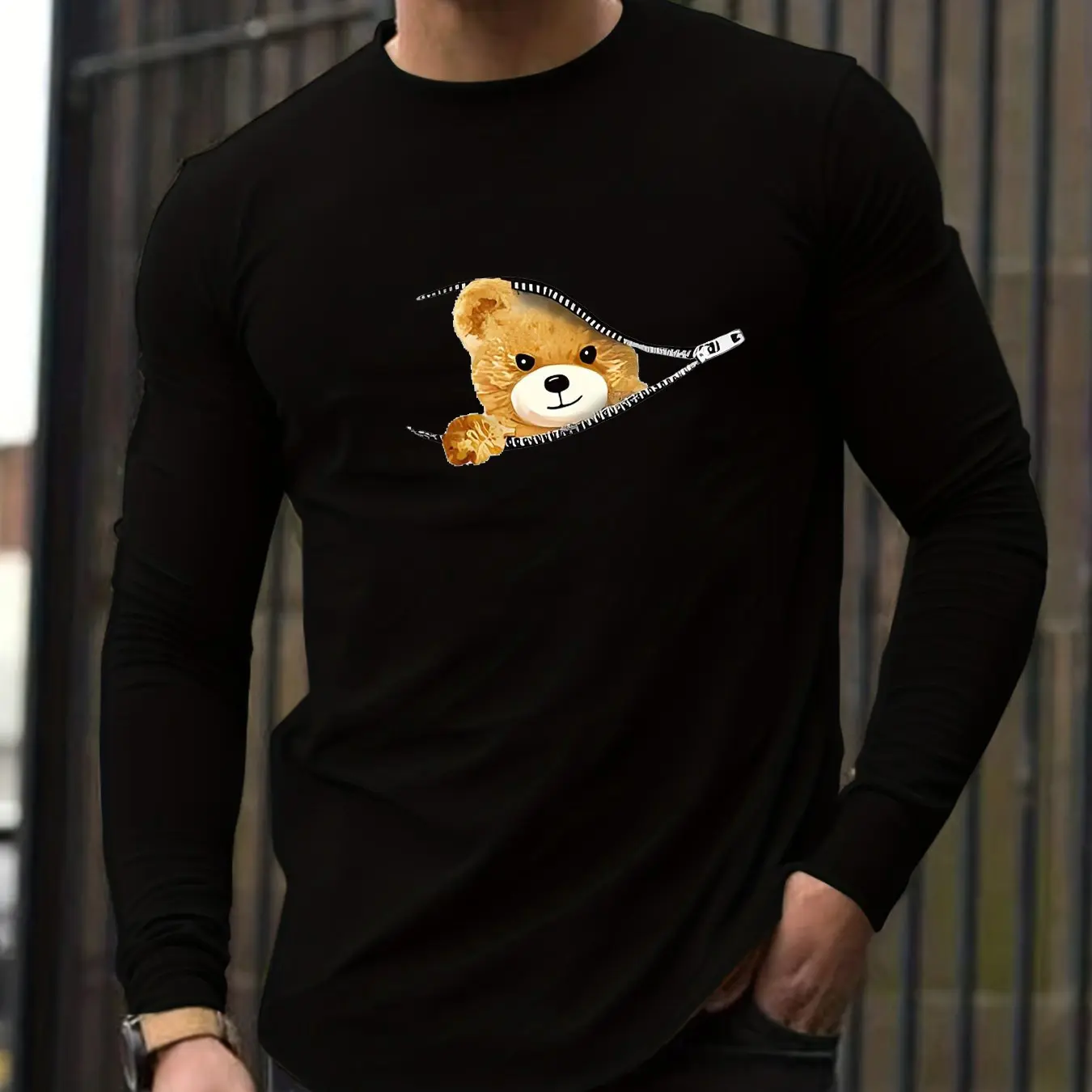 Men's Spring and Autumn 100% cotton loose and comfortable casual bear cartoon zipper printed round neck long sleeved T-shirt