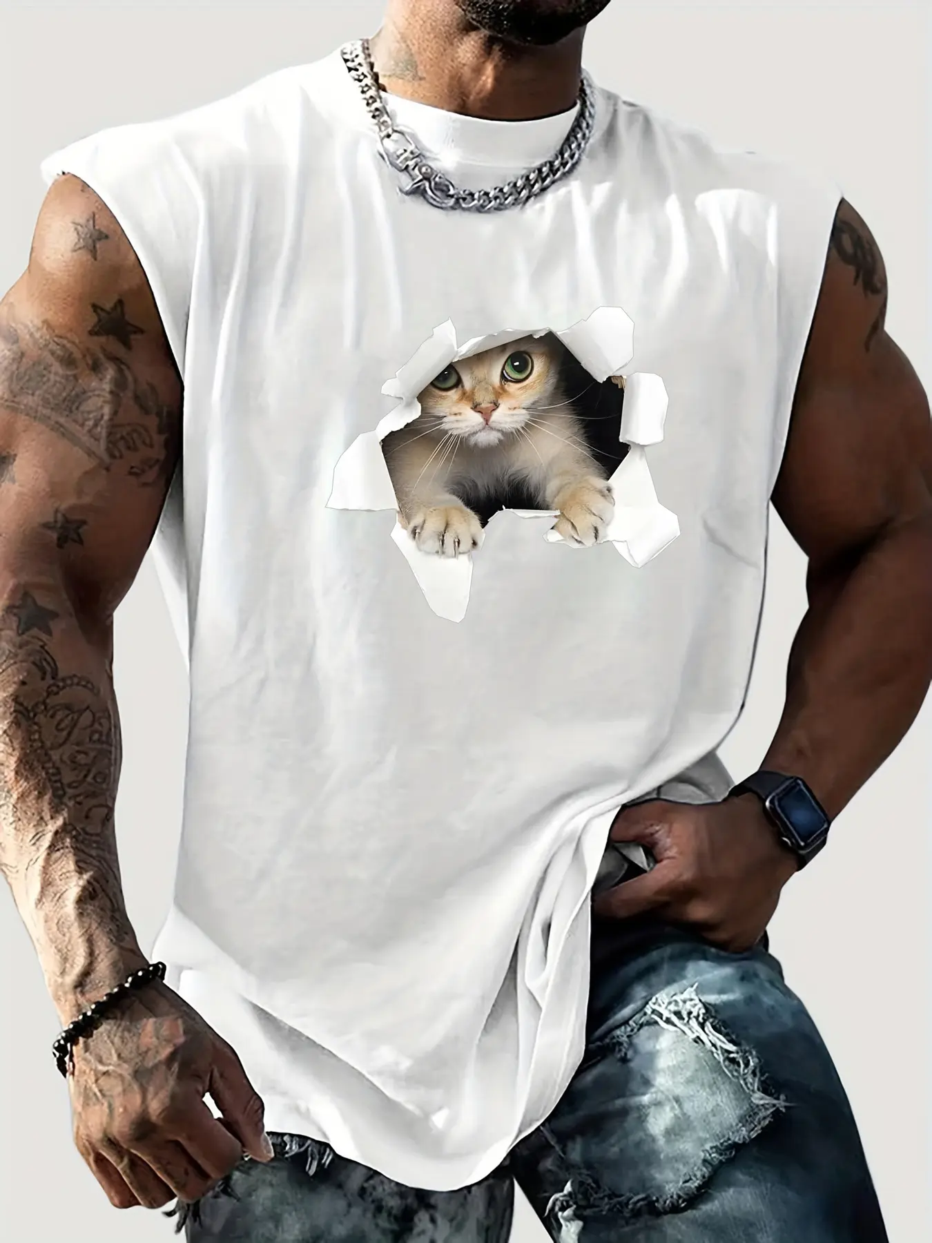 Men's Summer Leisure Sports Fitness Loose Cat Pattern Printed Comfortable Breathable Round Neck Sleeveless Tank Top