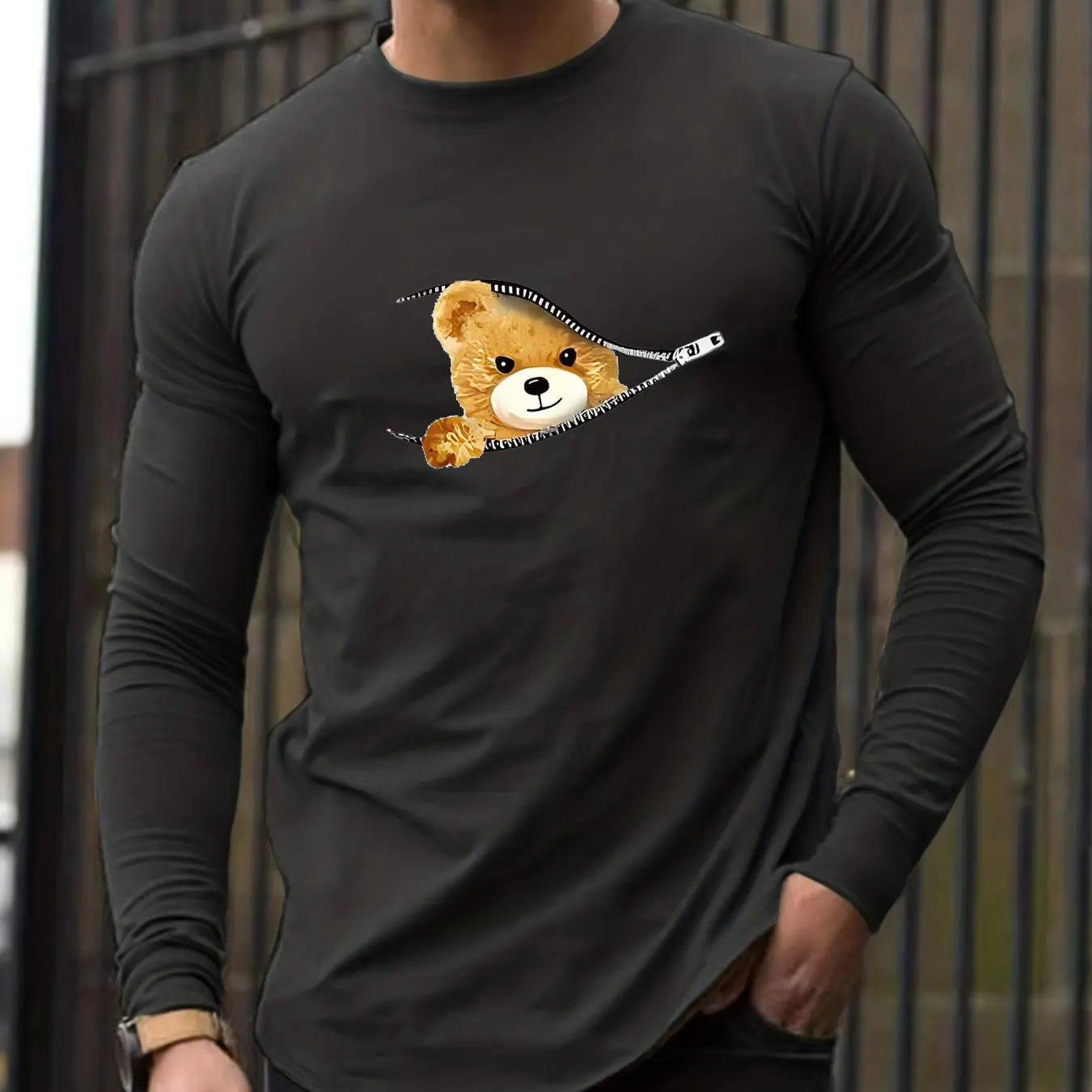 Men's Spring and Autumn 100% cotton loose and comfortable casual bear cartoon zipper printed round neck long sleeved T-shirt