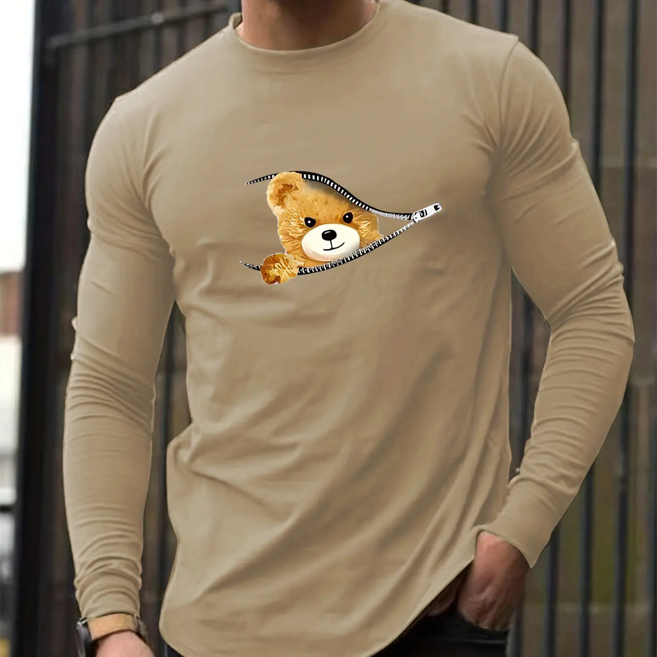 Men's Spring and Autumn 100% cotton loose and comfortable casual bear cartoon zipper printed round neck long sleeved T-shirt