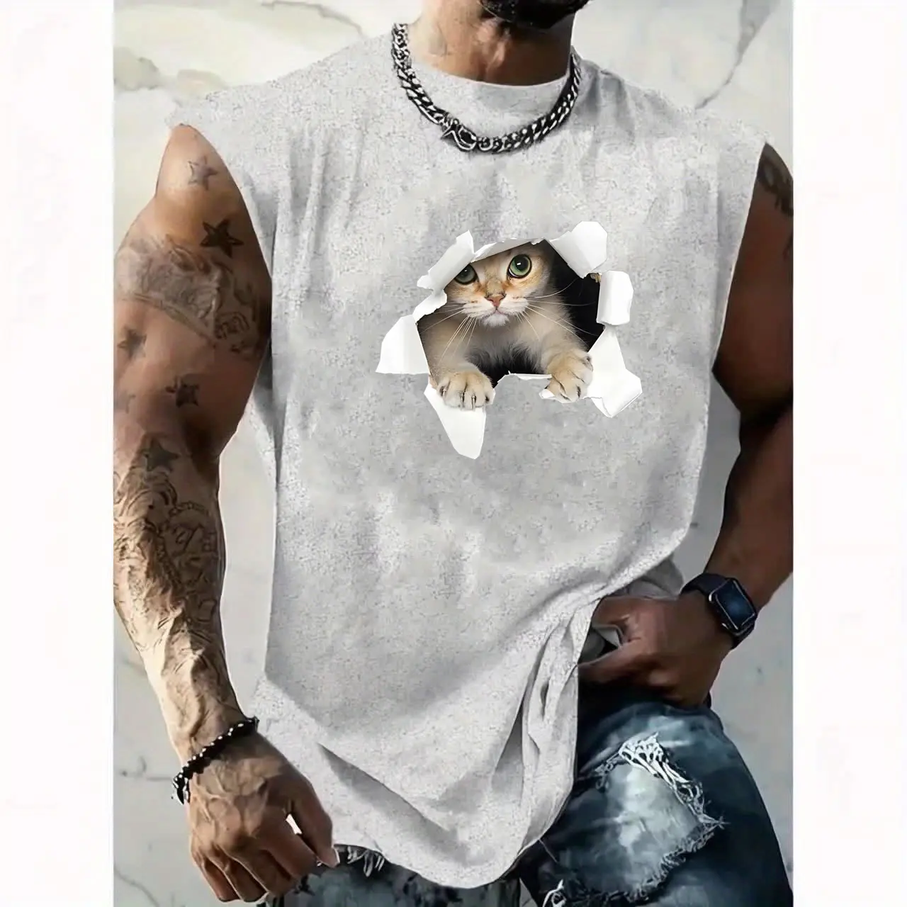 Men's Summer Leisure Sports Fitness Loose Cat Pattern Printed Comfortable Breathable Round Neck Sleeveless Tank Top
