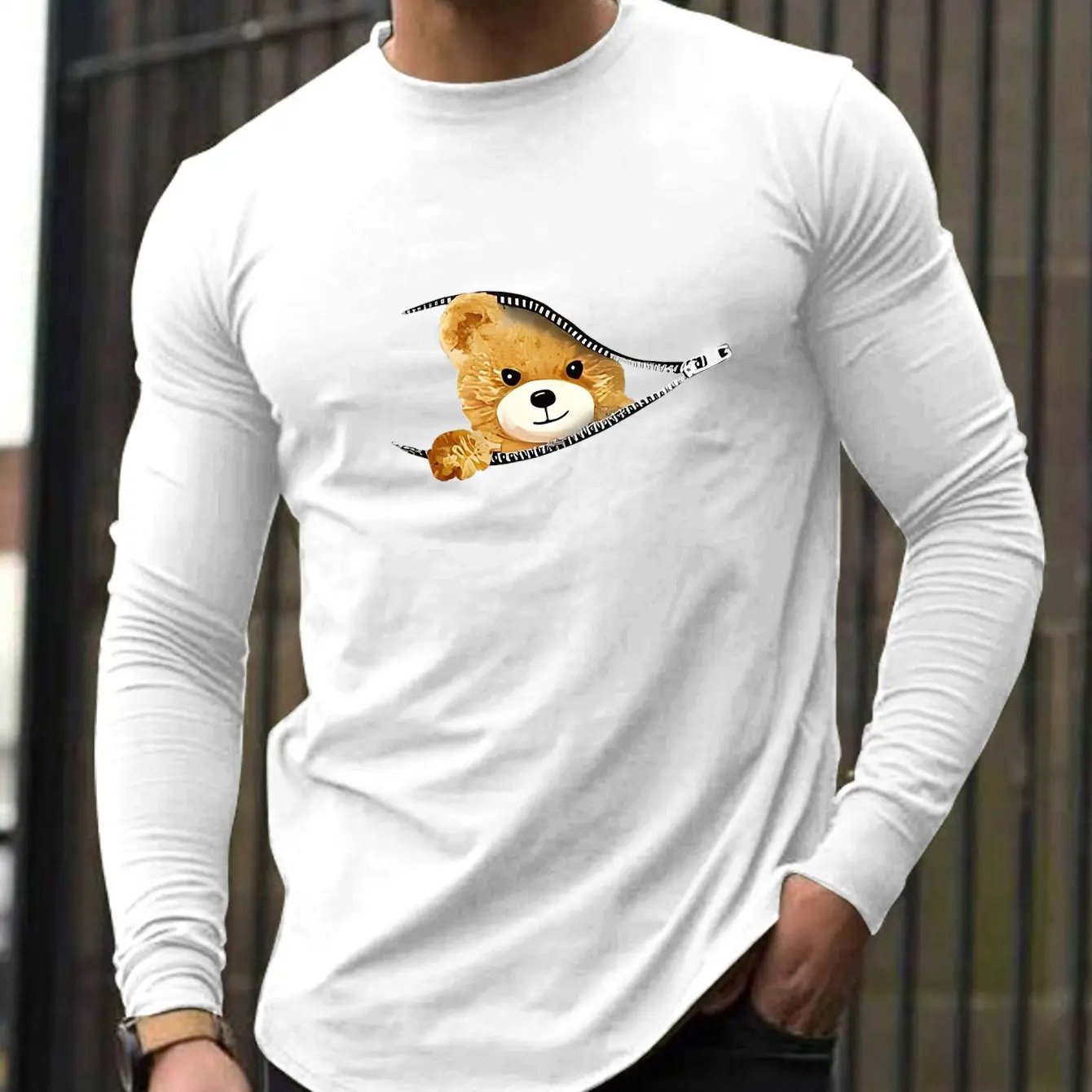 Men's Spring and Autumn 100% cotton loose and comfortable casual bear cartoon zipper printed round neck long sleeved T-shirt