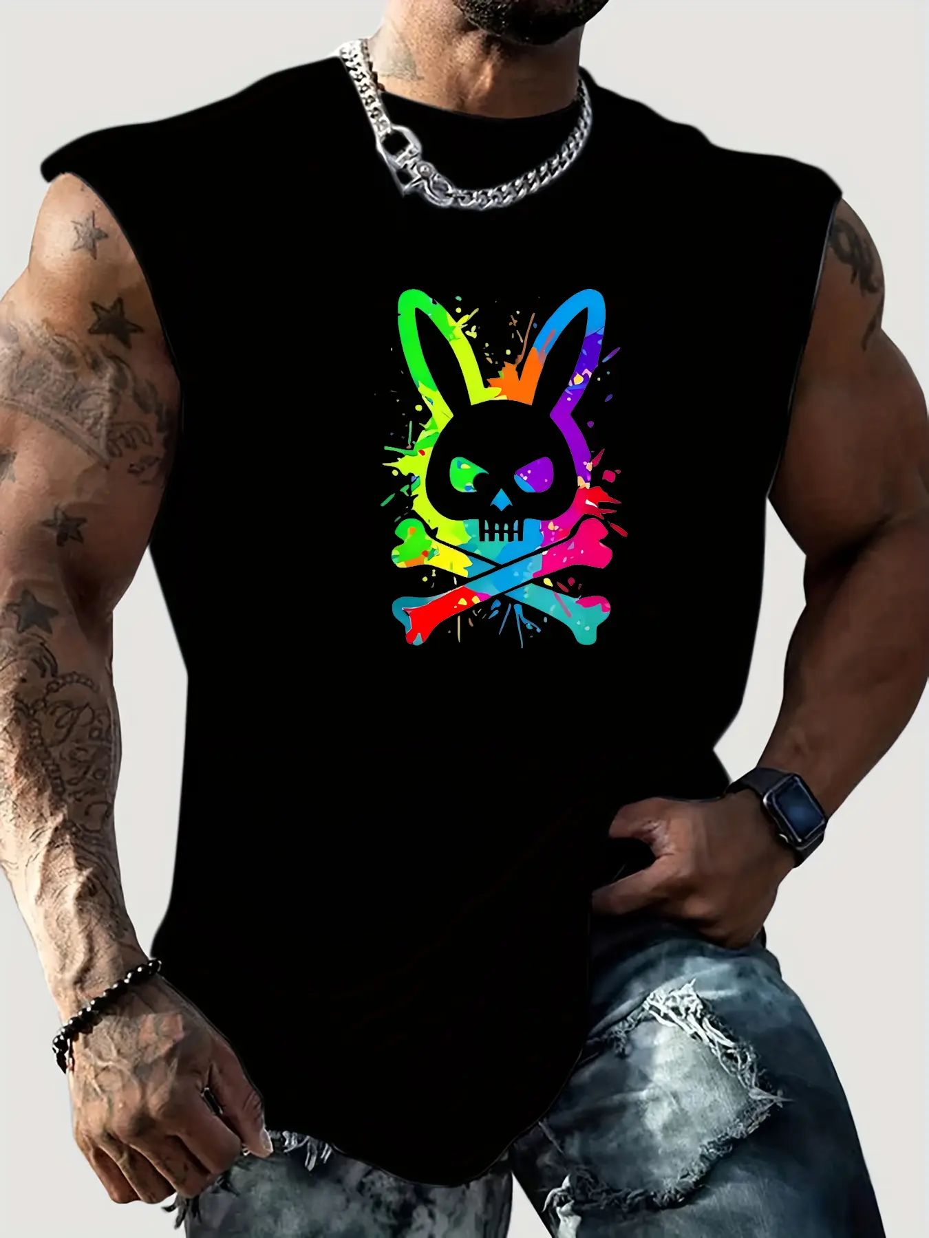 Men's Summer Leisure Sports Fitness Loose Skeleton Rabbit Pattern Printed Comfortable and Breathable Round Neck Sleeveless Tank