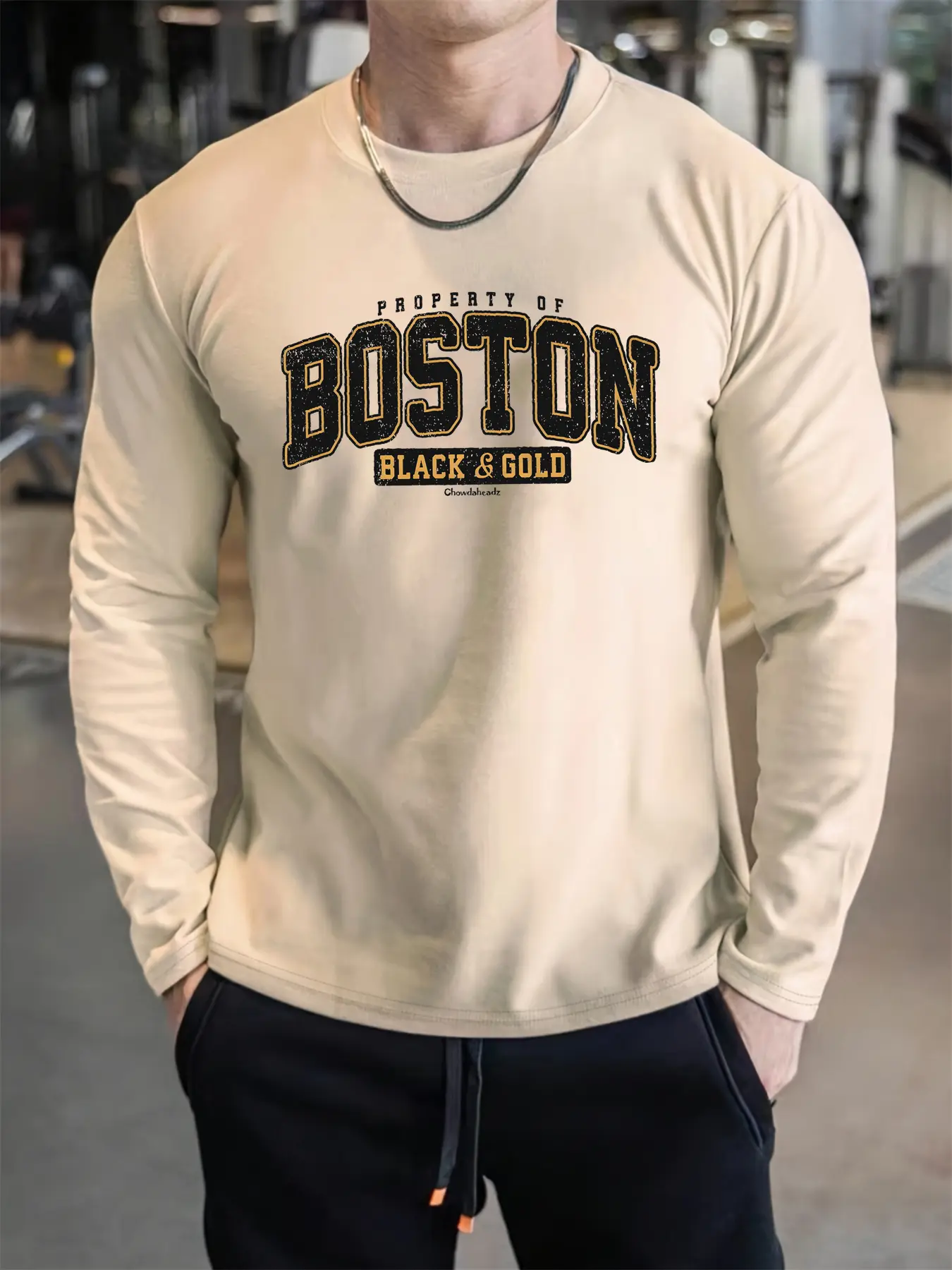 Men's Spring and Autumn 100% Cotton Comfortable Casual Boston Pattern Printed Round Neck Long Sleeve T-shirt Top