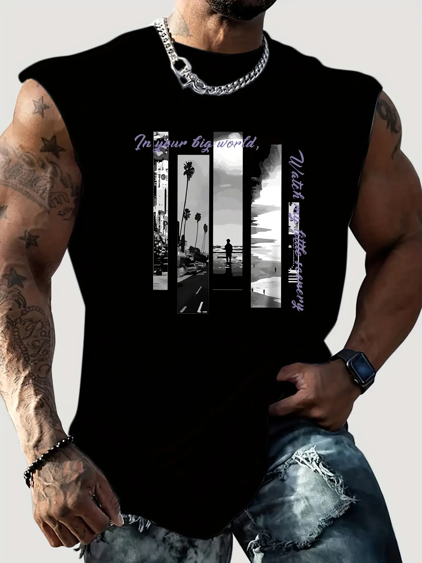 Men's Summer Leisure Sports Fitness Loose Fashion Pattern Printed Comfortable Breathable Round Neck Sleeveless Tank Top