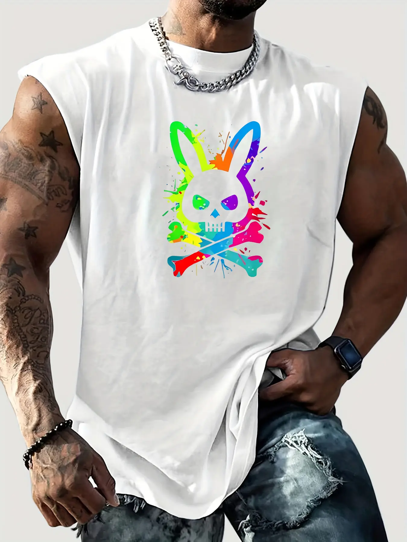 Men's Summer Leisure Sports Fitness Loose Skeleton Rabbit Pattern Printed Comfortable and Breathable Round Neck Sleeveless Tank