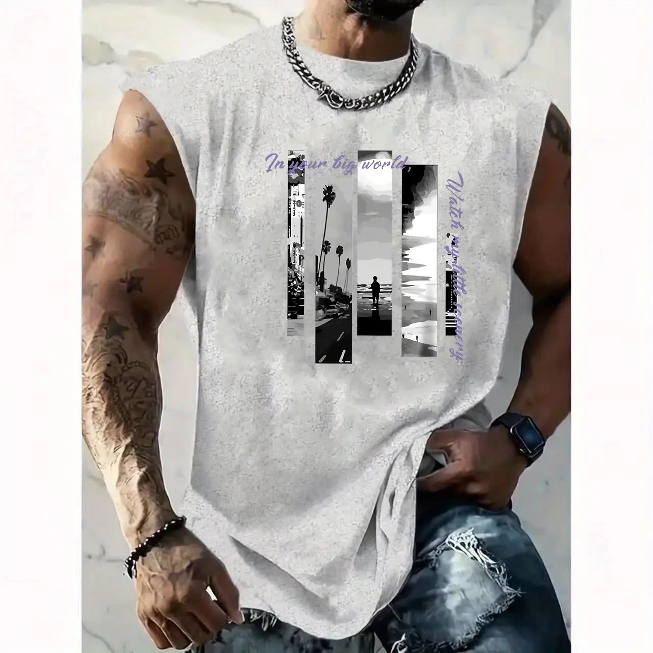 Men's Summer Leisure Sports Fitness Loose Fashion Pattern Printed Comfortable Breathable Round Neck Sleeveless Tank Top