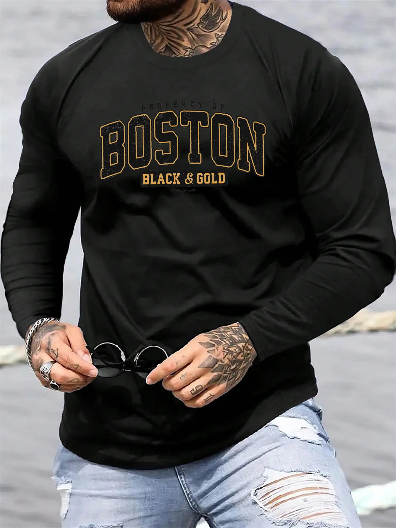 Men's Spring and Autumn 100% Cotton Comfortable Casual Boston Pattern Printed Round Neck Long Sleeve T-shirt Top