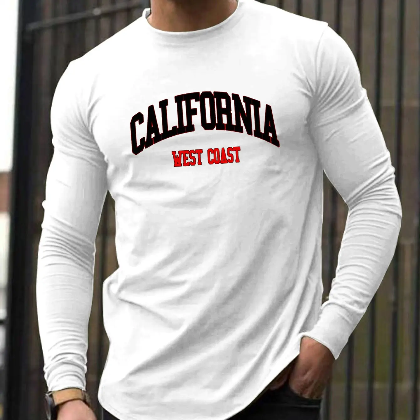 Men's Spring and Autumn 100% Cotton Loose and Comfortable Casual California West Coast Printed Round Neck Long Sleeve T-shirt