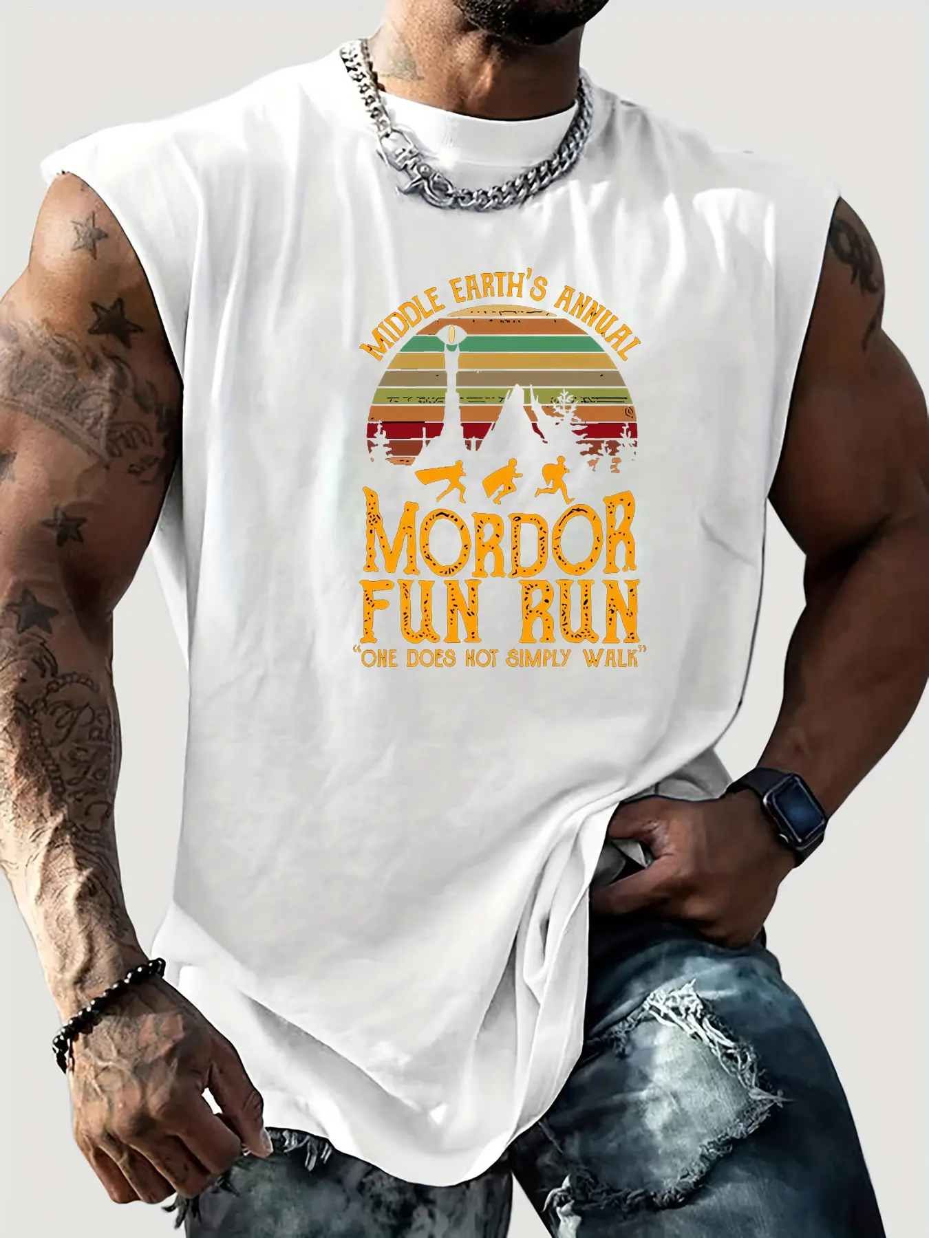 Men's Summer Leisure Sports Fitness Loose Mordor Fun Run Pattern Printed Comfortable Breathable Round Neck Sleeveless Tank Top