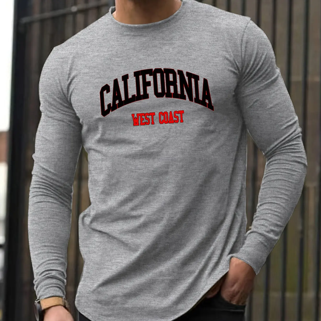 Men's Spring and Autumn 100% Cotton Loose and Comfortable Casual California West Coast Printed Round Neck Long Sleeve T-shirt