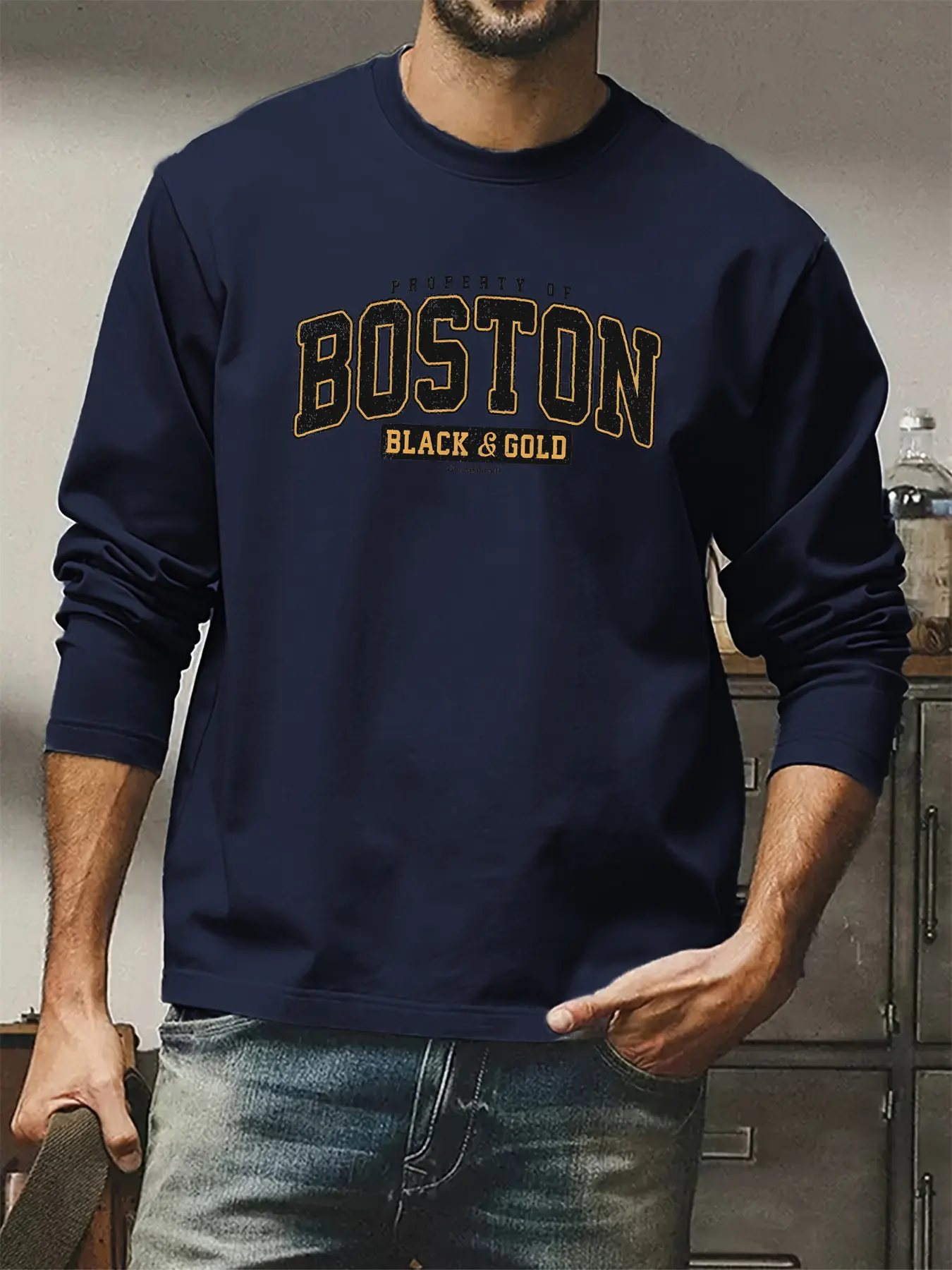 Men's Spring and Autumn 100% Cotton Comfortable Casual Boston Pattern Printed Round Neck Long Sleeve T-shirt Top