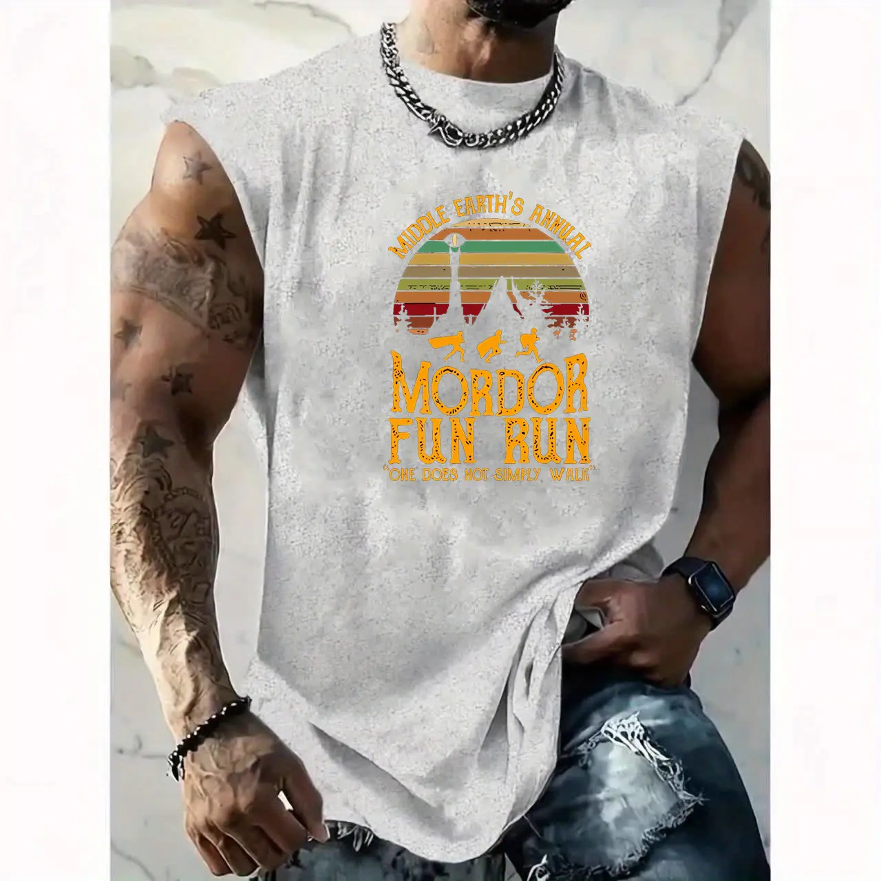 Men's Summer Leisure Sports Fitness Loose Mordor Fun Run Pattern Printed Comfortable Breathable Round Neck Sleeveless Tank Top