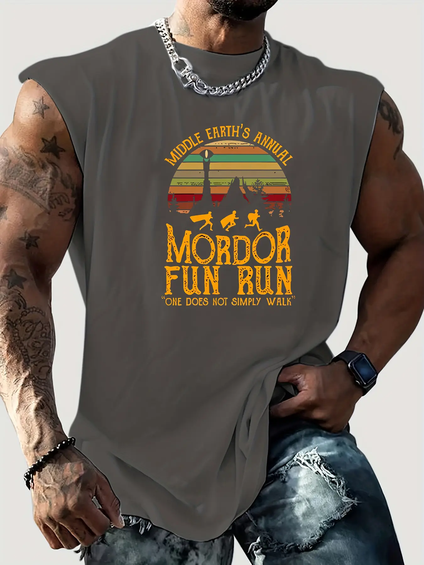 Men's Summer Leisure Sports Fitness Loose Mordor Fun Run Pattern Printed Comfortable Breathable Round Neck Sleeveless Tank Top