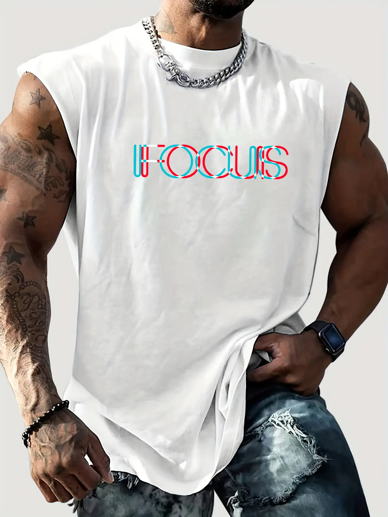 Men's Summer Leisure Sports Fitness Loose FOCUS Letter Printed Comfortable Breathable Round Neck Sleeveless Tank Top