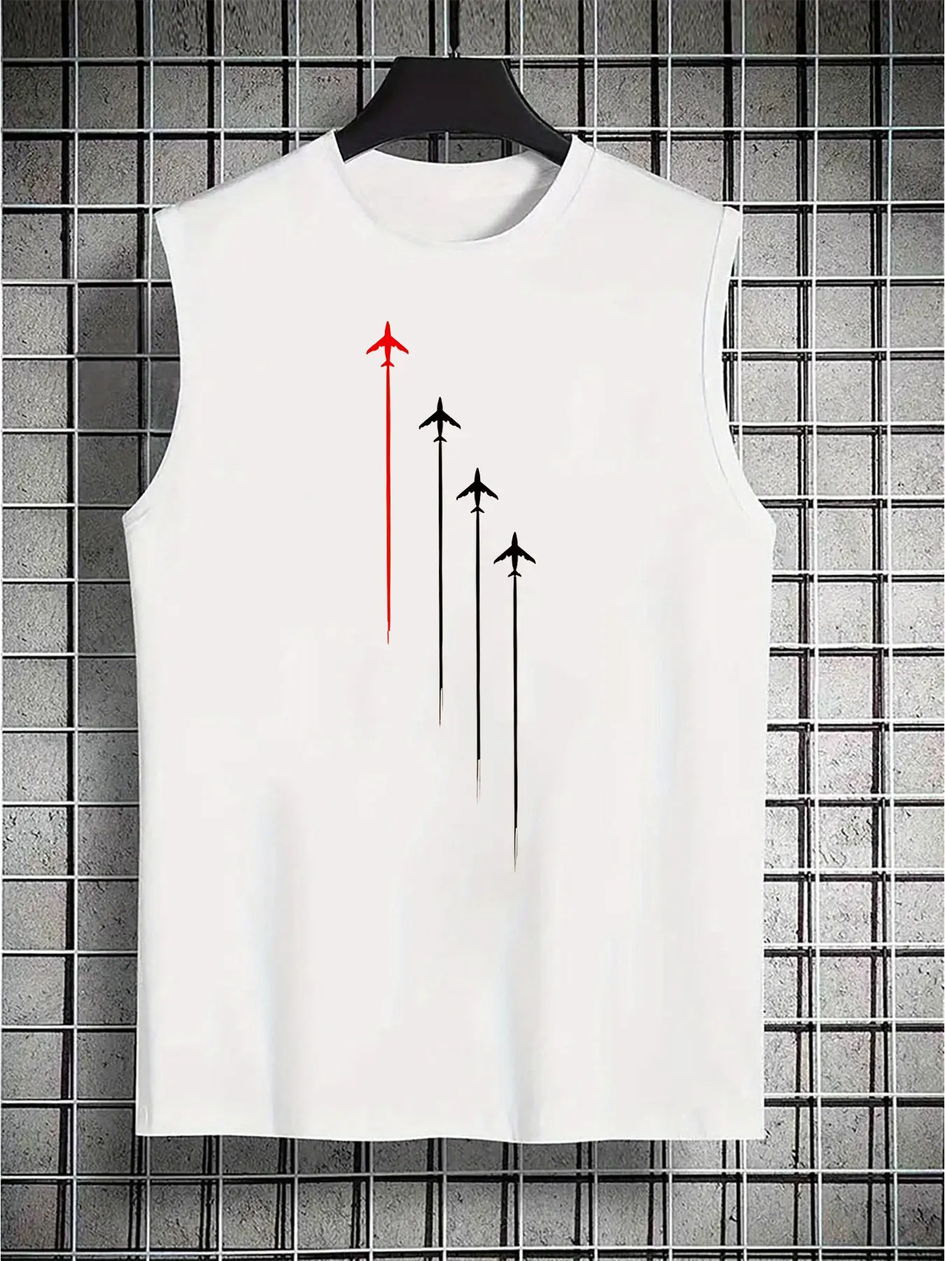 Men's Summer Leisure Sports Fitness Loose Creative Airplane Pattern Printed Comfortable Breathable Round Neck Sleeveless Tank