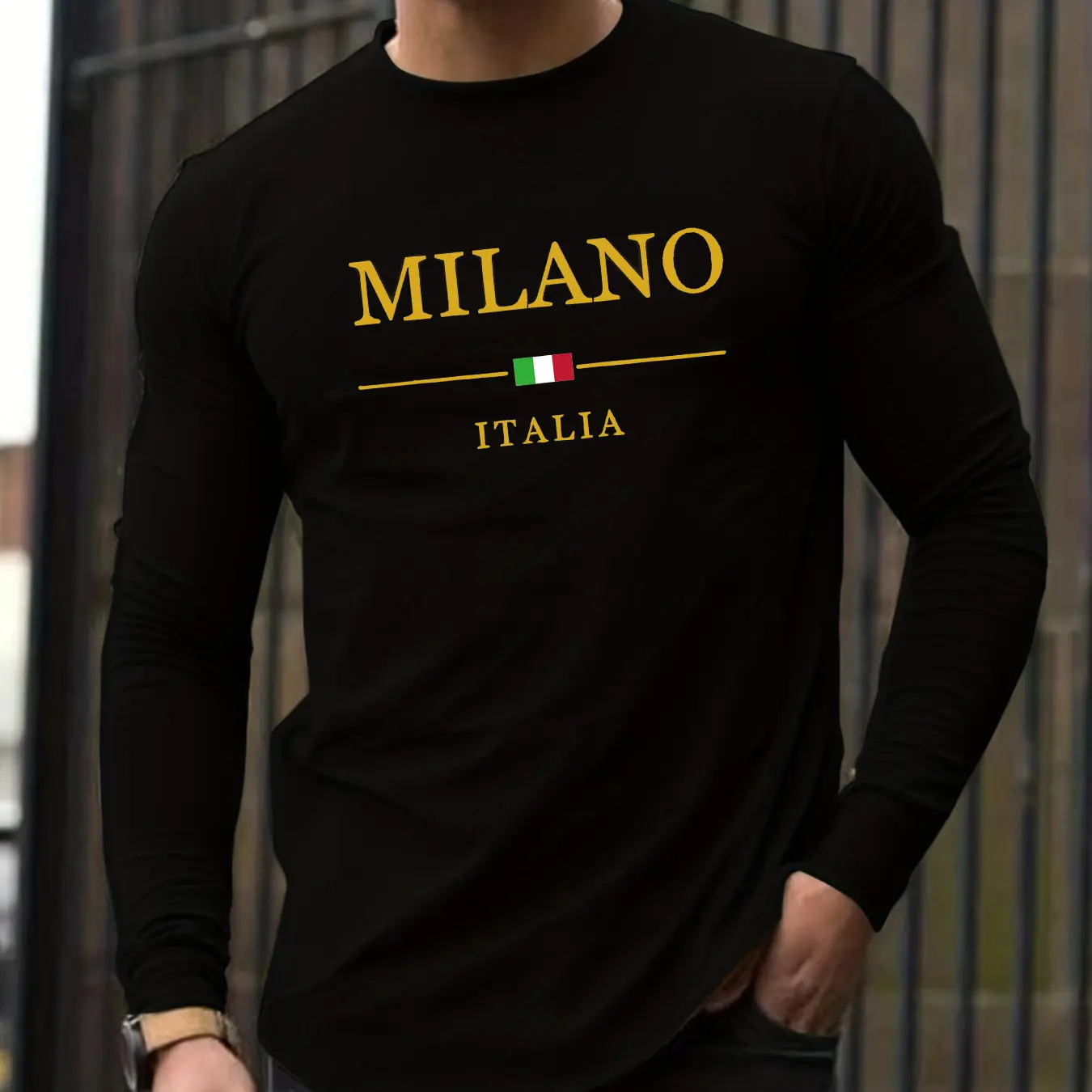 Men's Spring and Autumn 100% Cotton Comfortable Casual MILANO ITALIA Pattern Printed Round Neck Long Sleeve T-shirt Top
