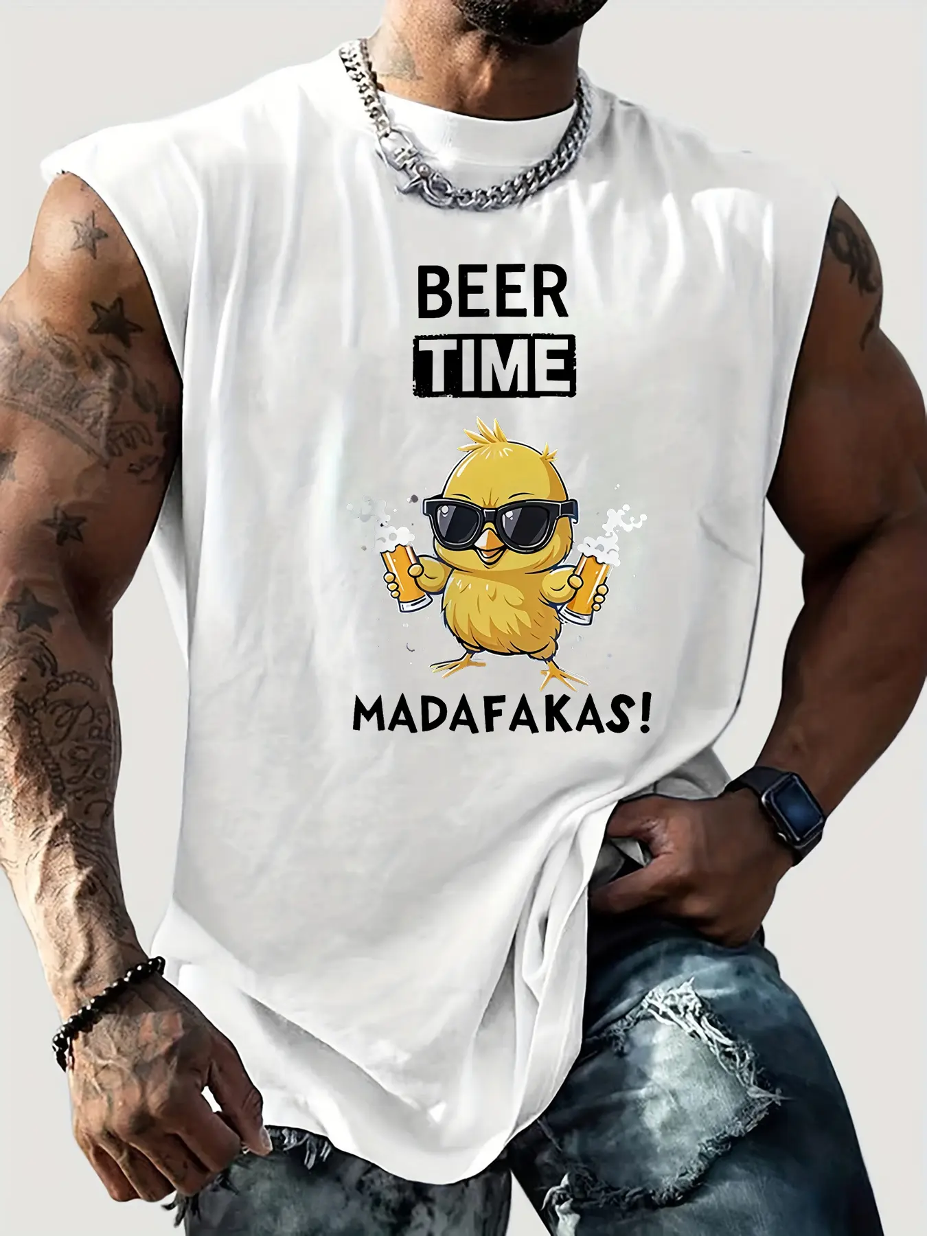 Men's Summer Leisure Sports Fitness Loose Beer Time Pattern Printed Comfortable Breathable Round Neck Sleeveless Tank Top