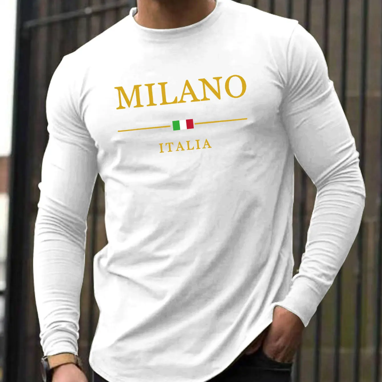 Men's Spring and Autumn 100% Cotton Comfortable Casual MILANO ITALIA Pattern Printed Round Neck Long Sleeve T-shirt Top