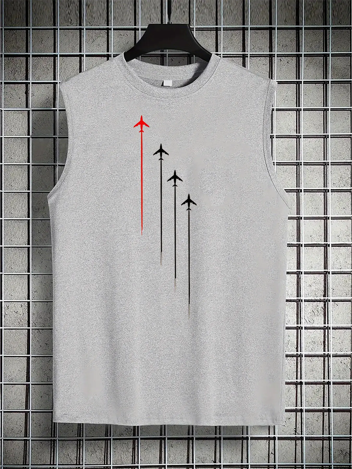 Men's Summer Leisure Sports Fitness Loose Creative Airplane Pattern Printed Comfortable Breathable Round Neck Sleeveless Tank