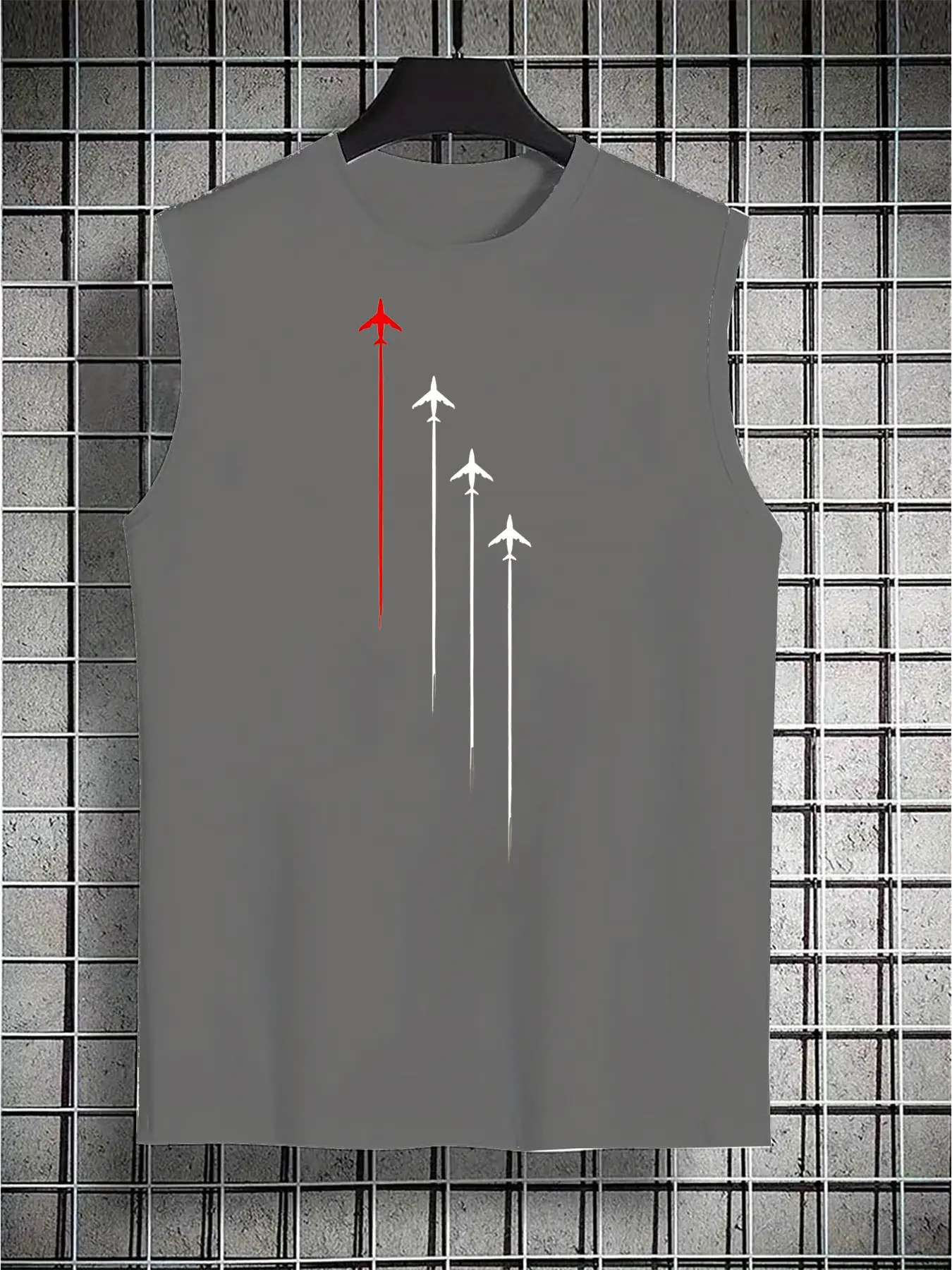 Men's Summer Leisure Sports Fitness Loose Creative Airplane Pattern Printed Comfortable Breathable Round Neck Sleeveless Tank