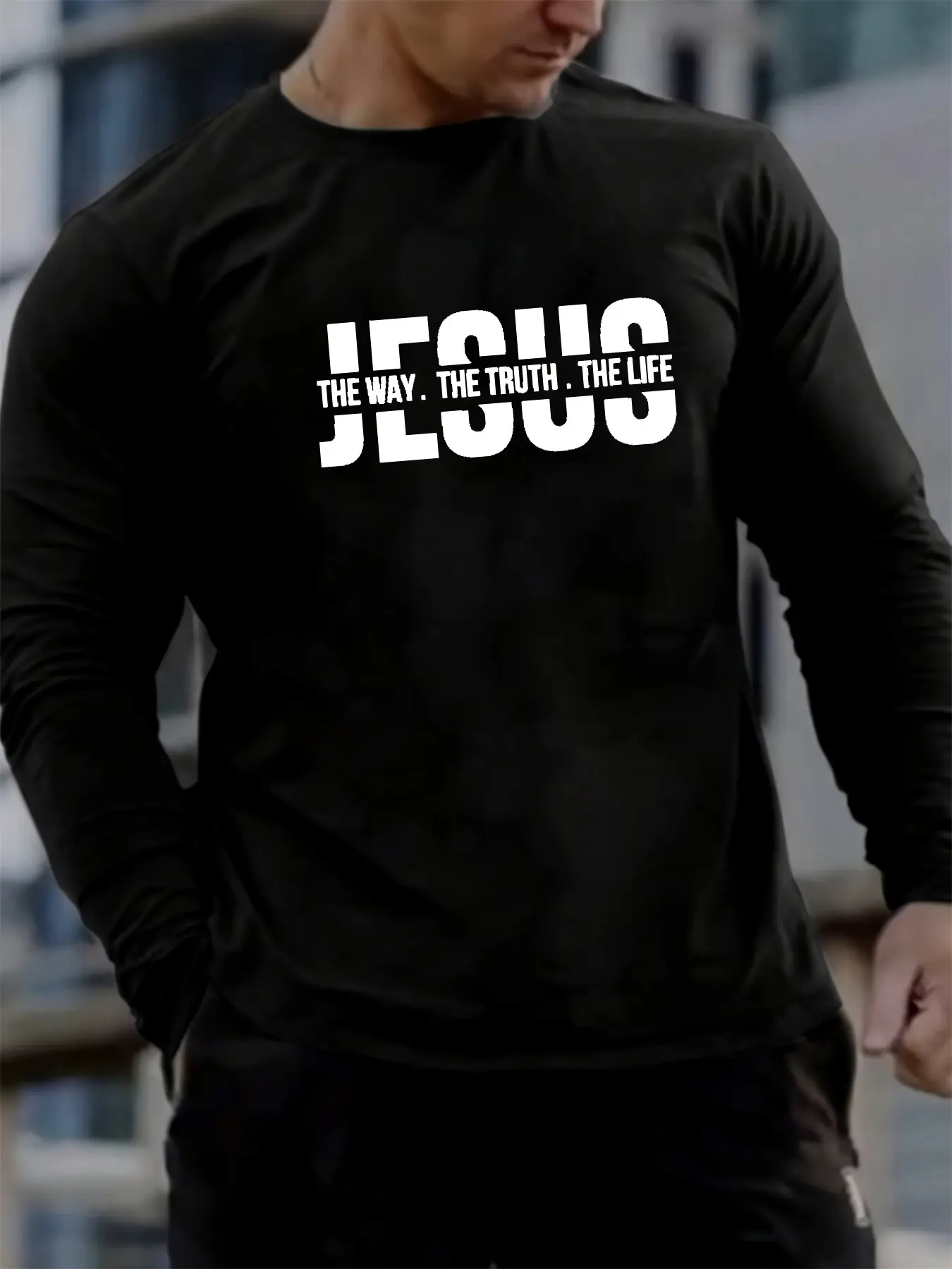 Men's Spring and Autumn 100% Cotton Loose Comfortable Casual Jesus Letter Pattern Printed Round Neck Long Sleeve T-shirt