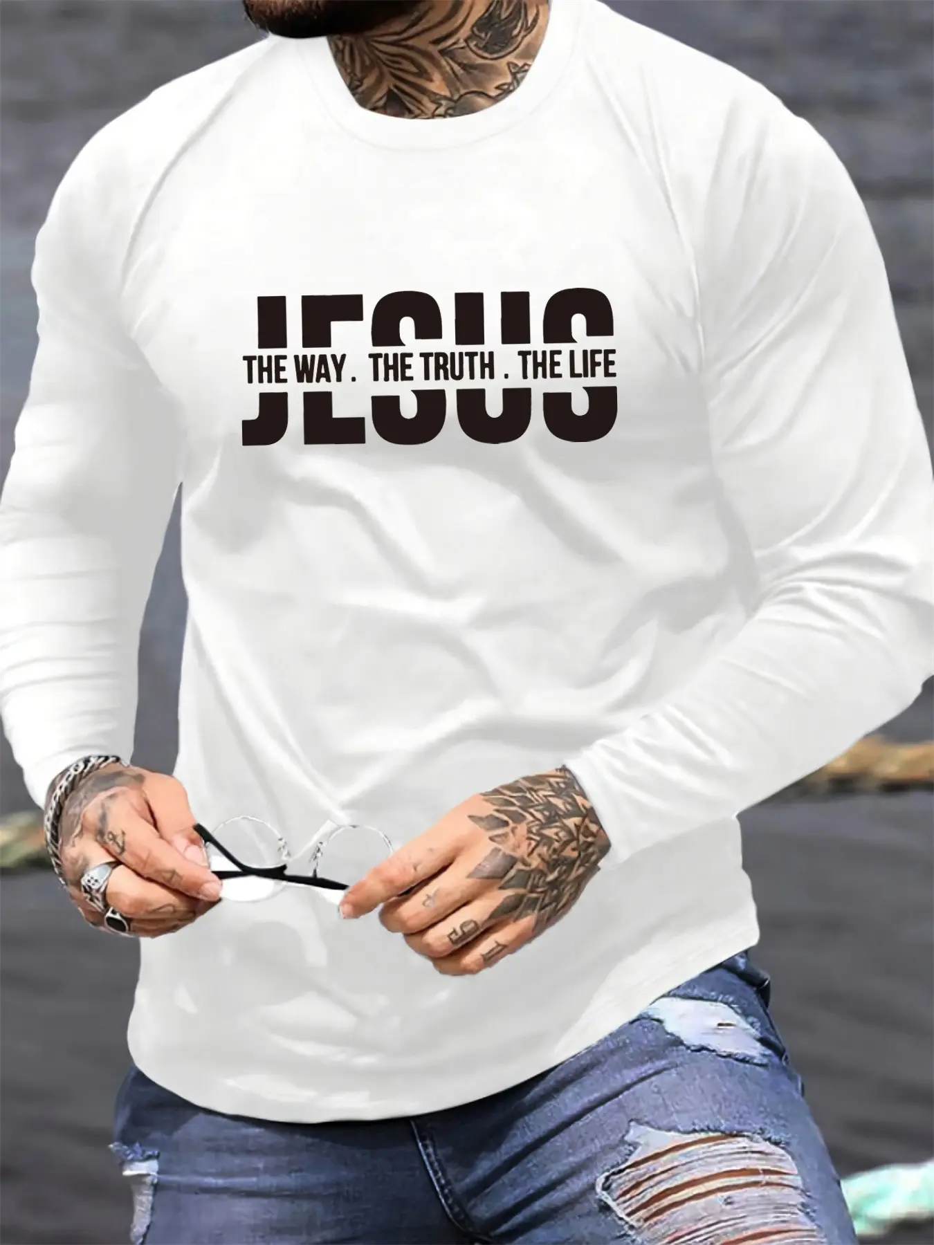 Men's Spring and Autumn 100% Cotton Loose Comfortable Casual Jesus Letter Pattern Printed Round Neck Long Sleeve T-shirt