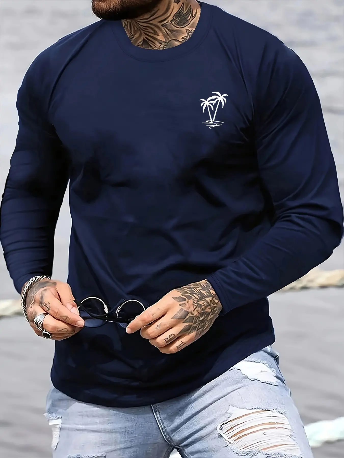 Men's Spring and Autumn 100% Cotton Comfortable Casual Coconut Tree Pattern Printed Round Neck Long Sleeve T-shirt Top