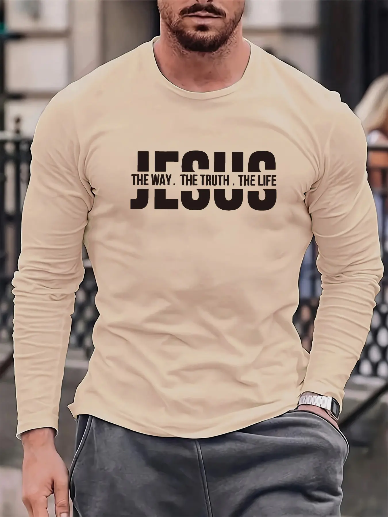 Men's Spring and Autumn 100% Cotton Loose Comfortable Casual Jesus Letter Pattern Printed Round Neck Long Sleeve T-shirt