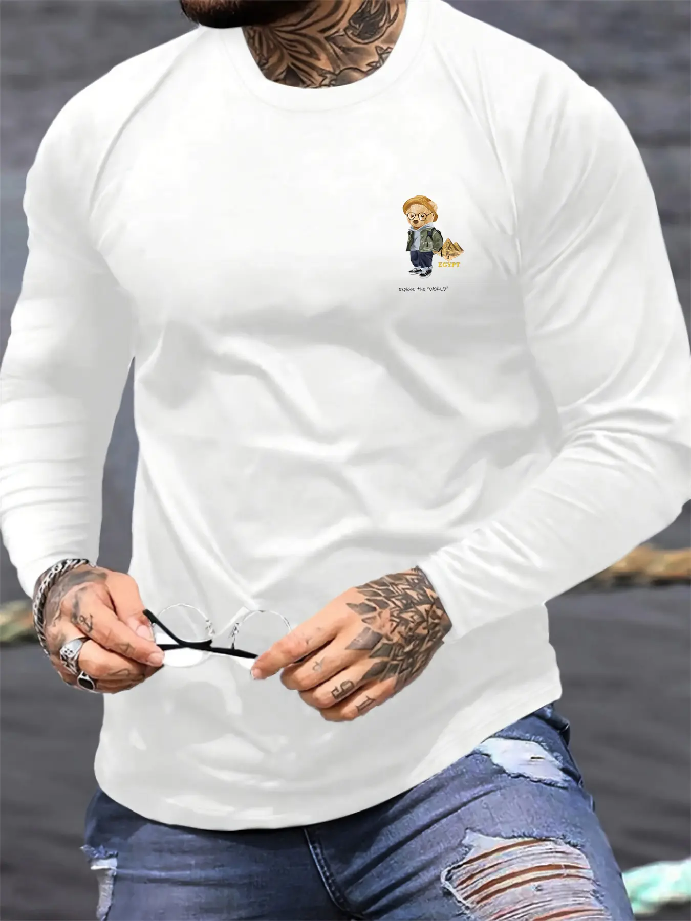 Men's Spring and Autumn 100% Cotton Comfortable Casual Cartoon Travel Bear Printed Round Neck Long Sleeve T-shirt Top