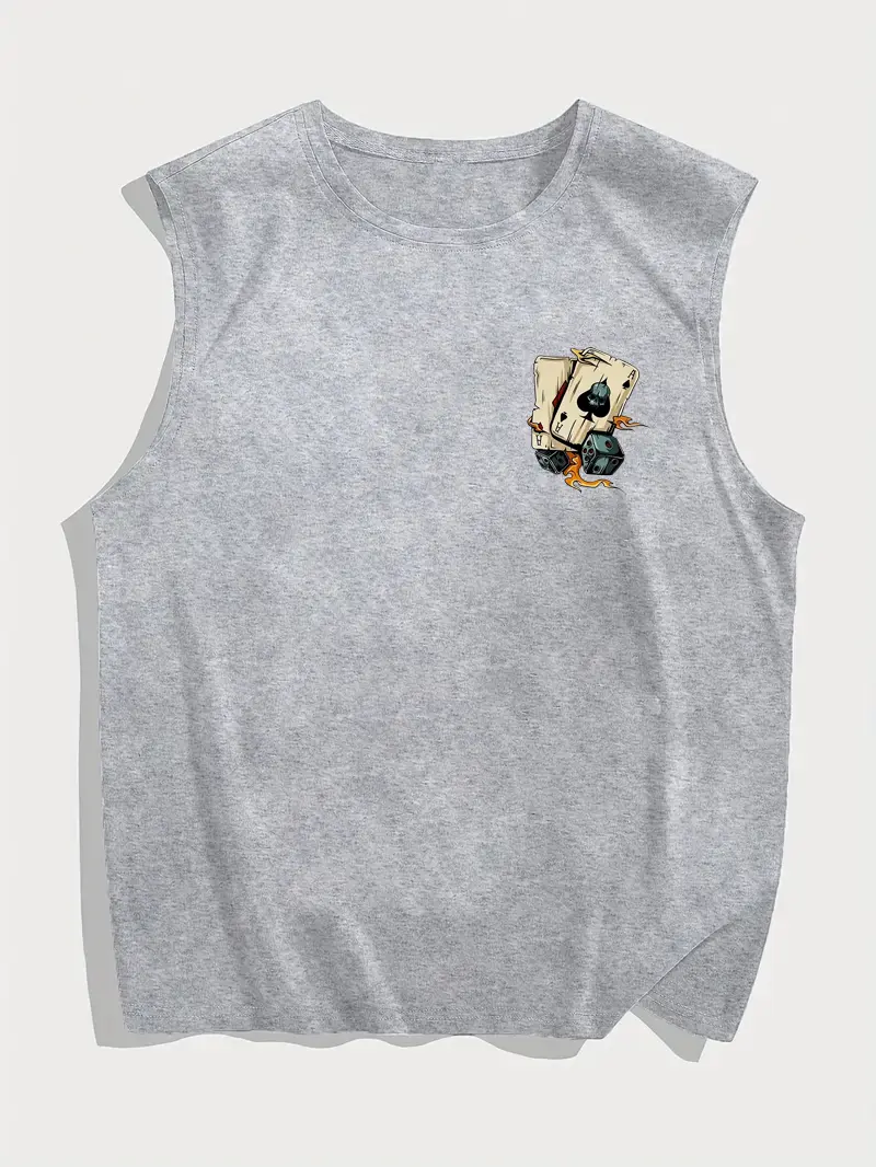 Men's Summer Leisure Sports Fitness Loose Dice and Poker Printed Comfortable Breathable Round Neck Sleeveless Tank Top