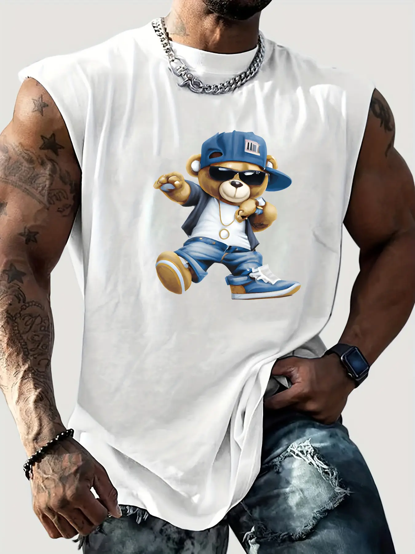 Men's Summer Leisure Sports Fitness Loose Cartoon Cool Bear Printed Comfortable Breathable Round Neck Sleeveless Tank Top