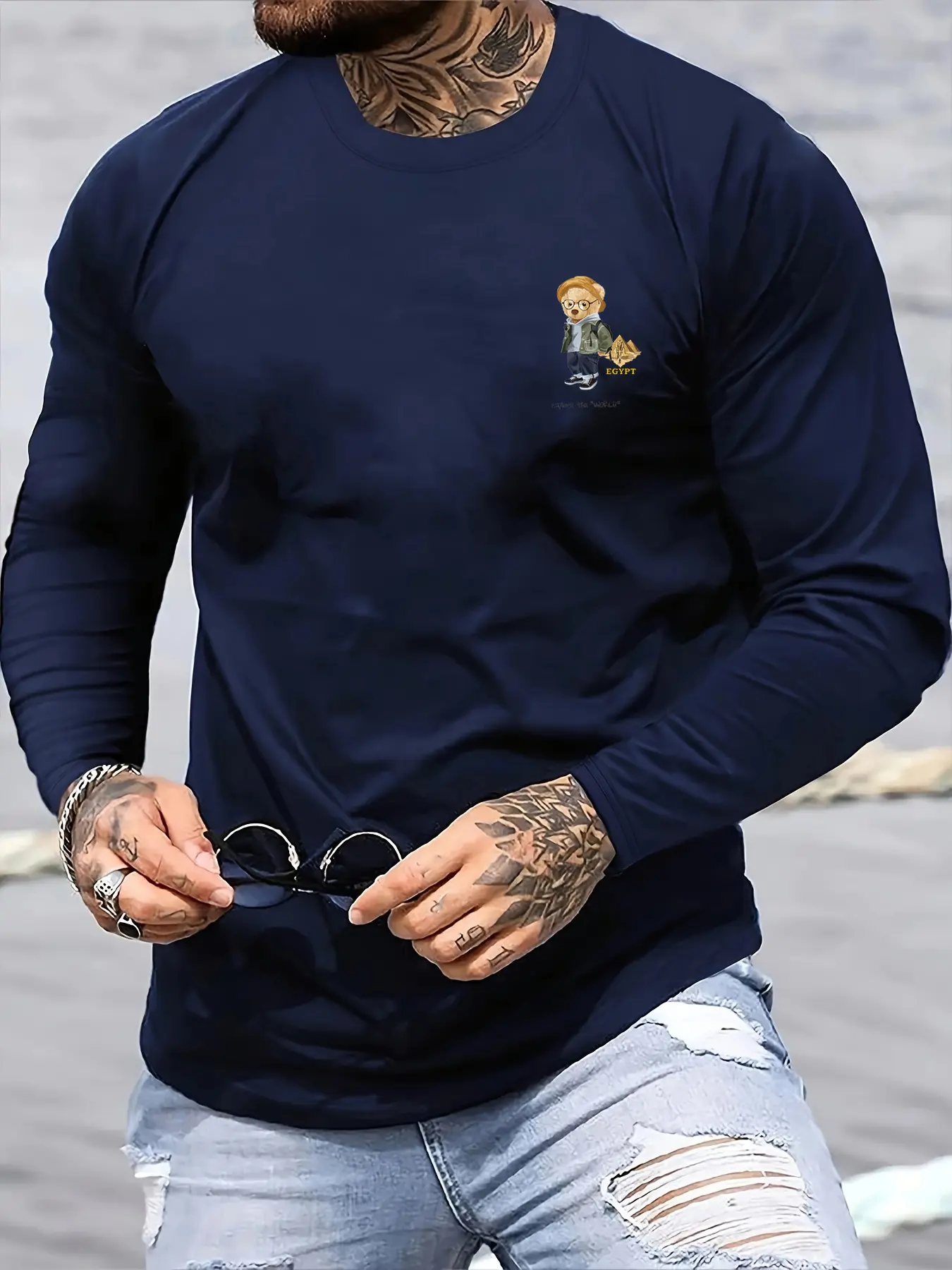 Men's Spring and Autumn 100% Cotton Comfortable Casual Cartoon Travel Bear Printed Round Neck Long Sleeve T-shirt Top