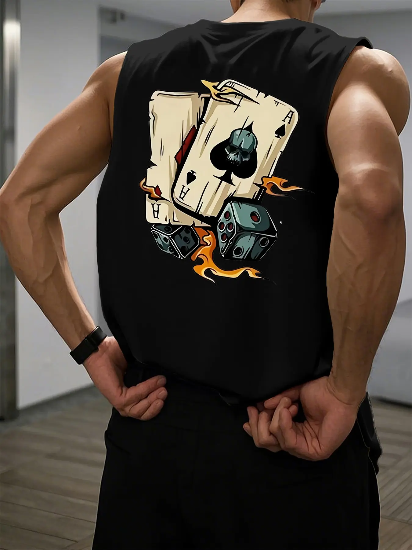 Men's Summer Leisure Sports Fitness Loose Dice and Poker Printed Comfortable Breathable Round Neck Sleeveless Tank Top