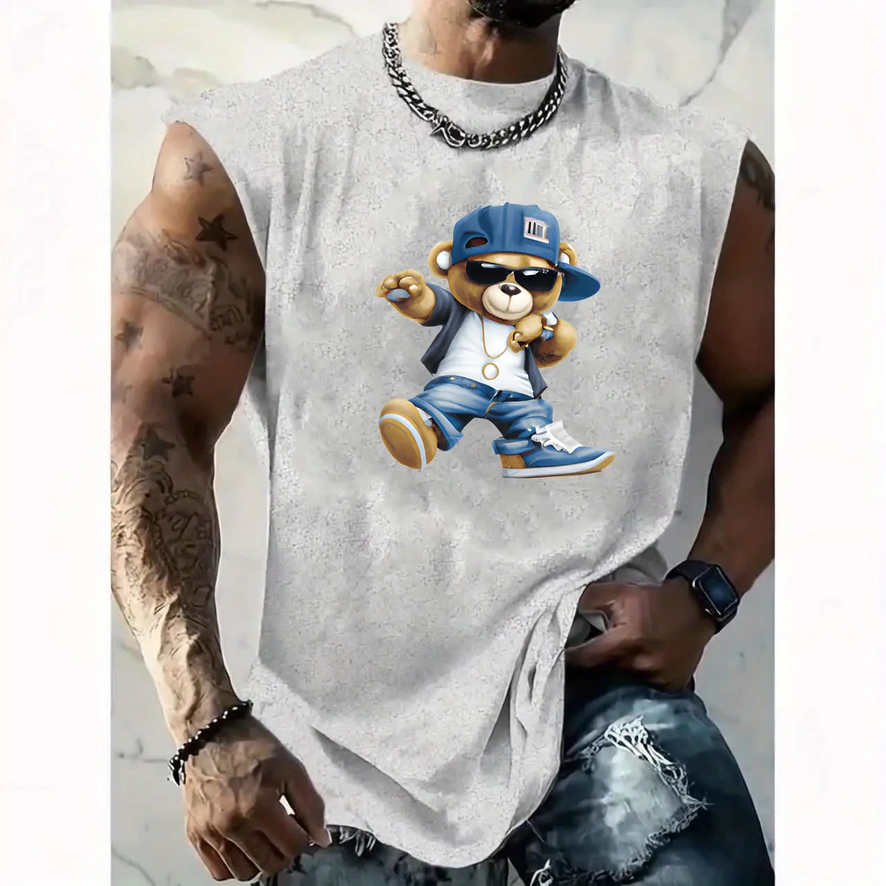 Men's Summer Leisure Sports Fitness Loose Cartoon Cool Bear Printed Comfortable Breathable Round Neck Sleeveless Tank Top