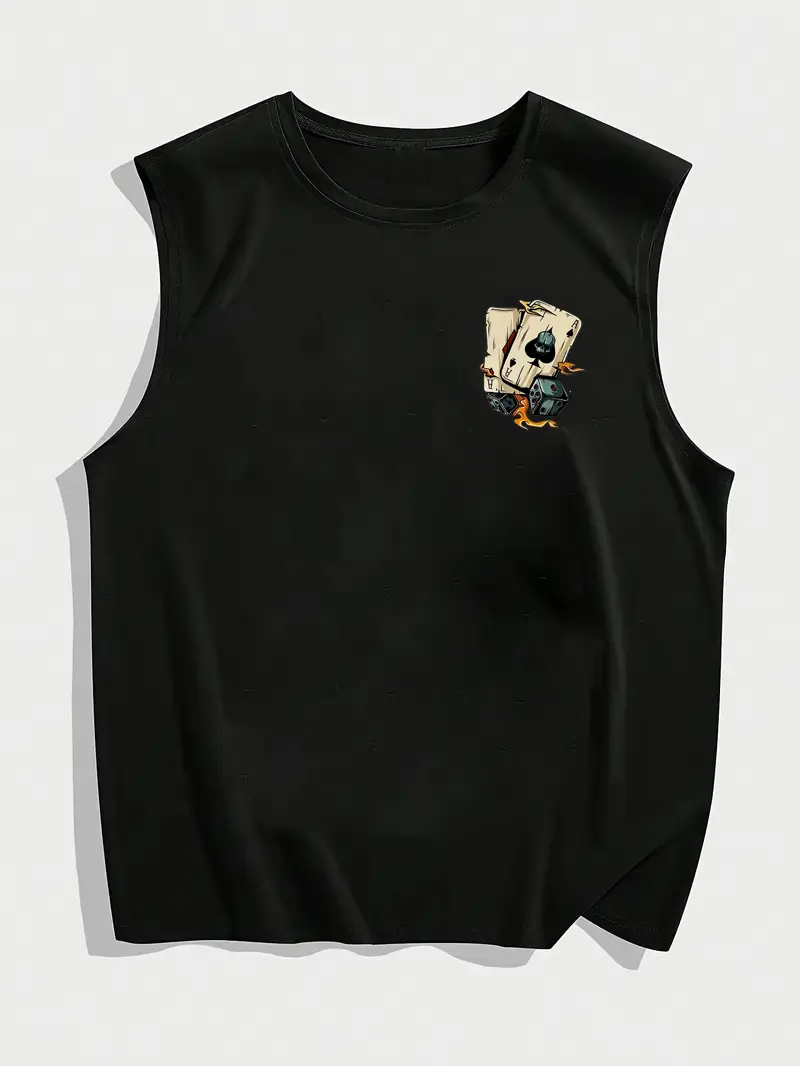 Men's Summer Leisure Sports Fitness Loose Dice and Poker Printed Comfortable Breathable Round Neck Sleeveless Tank Top
