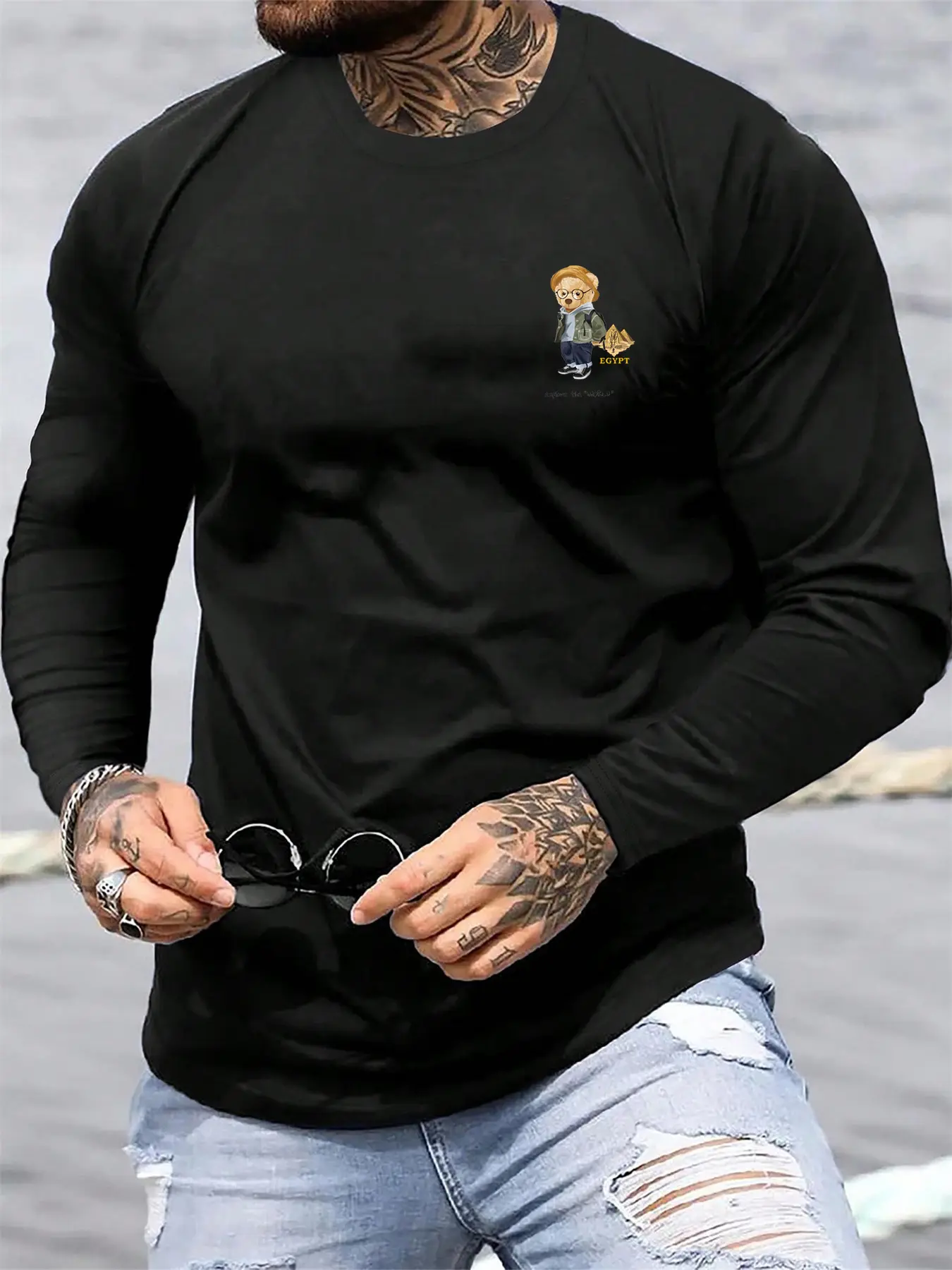 Men's Spring and Autumn 100% Cotton Comfortable Casual Cartoon Travel Bear Printed Round Neck Long Sleeve T-shirt Top