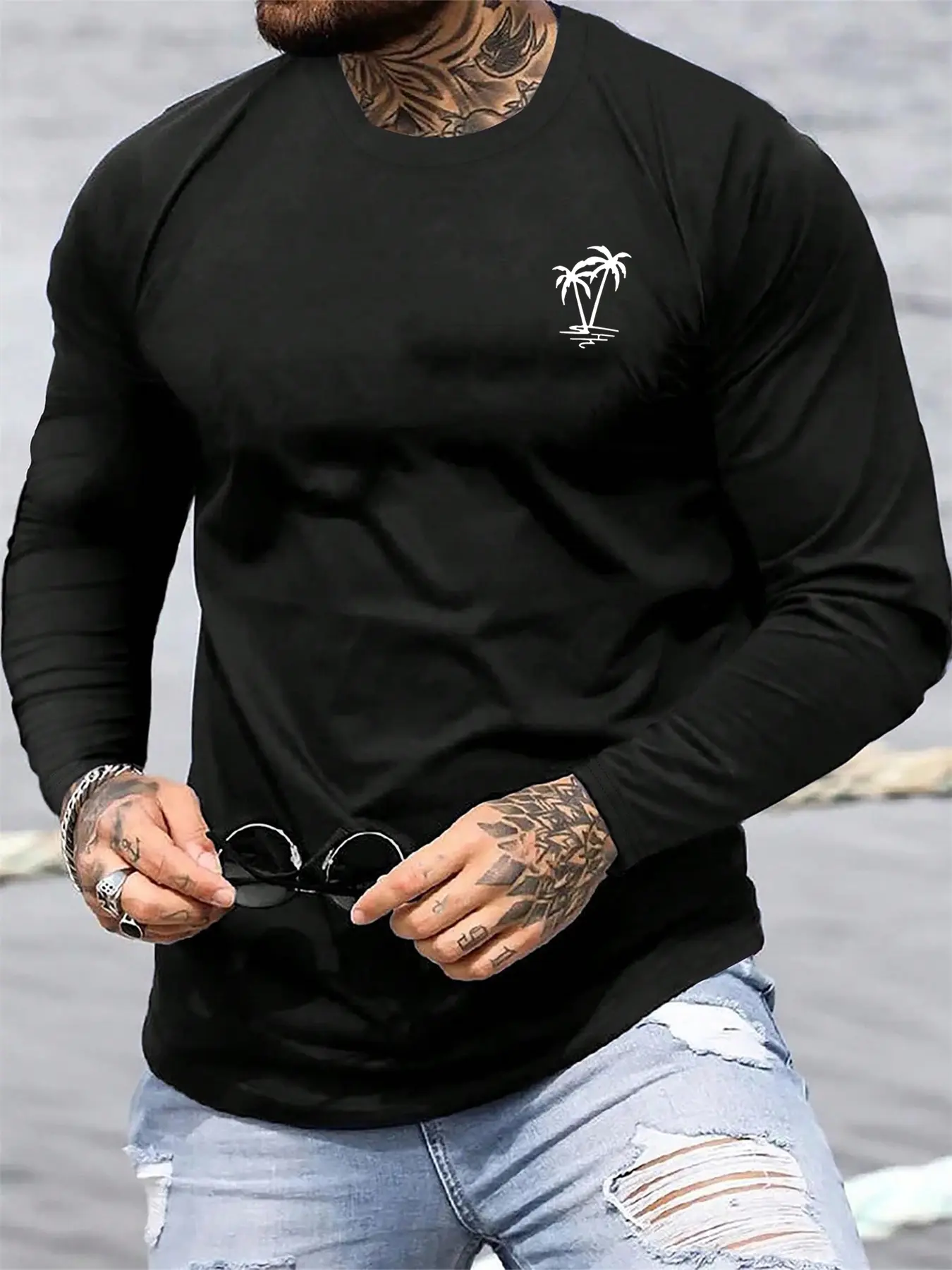 Men's Spring and Autumn 100% Cotton Comfortable Casual Coconut Tree Pattern Printed Round Neck Long Sleeve T-shirt Top